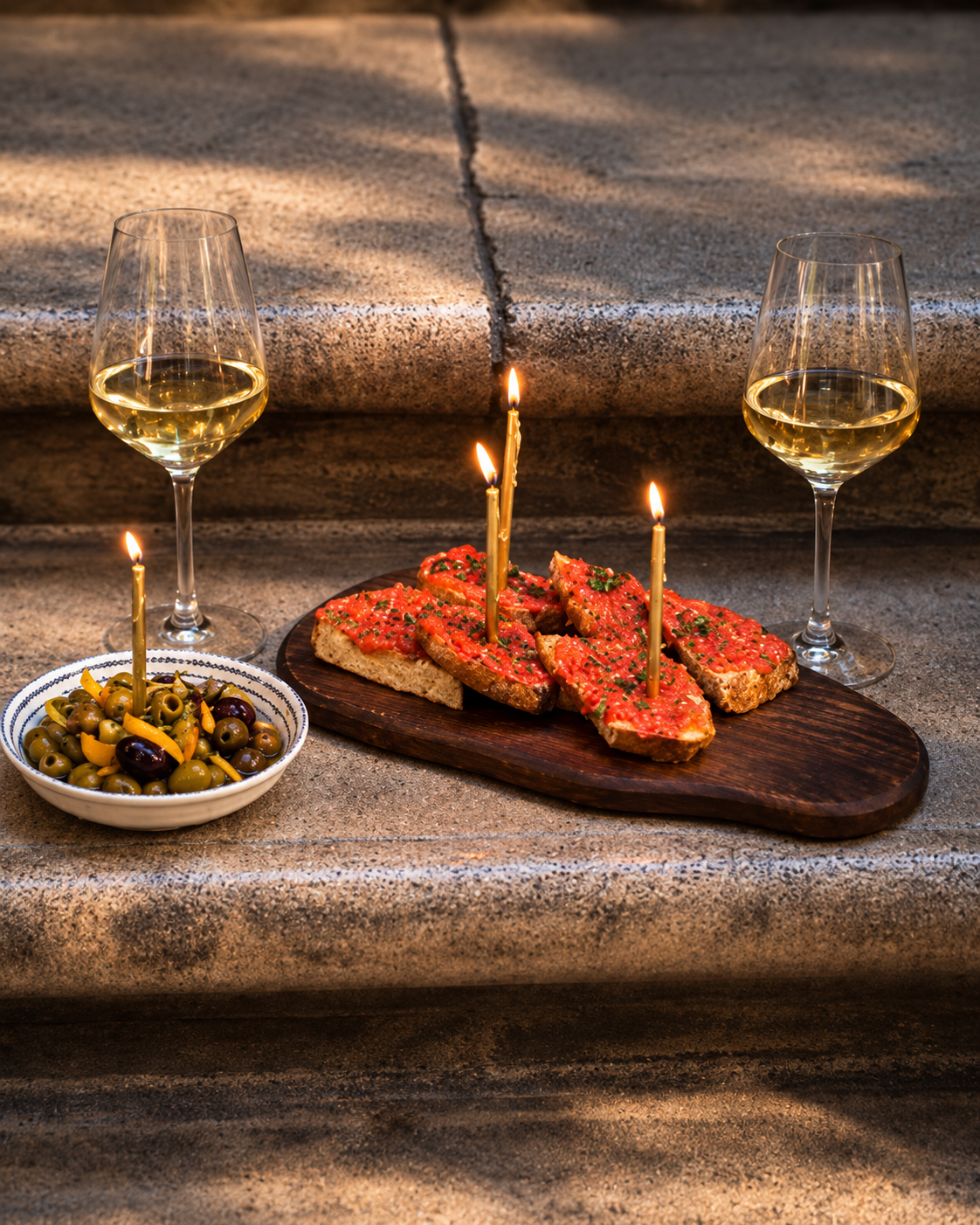 White wine with Mediterranean sharing plates at Vesper Wine & Tapas Bar in Tirana