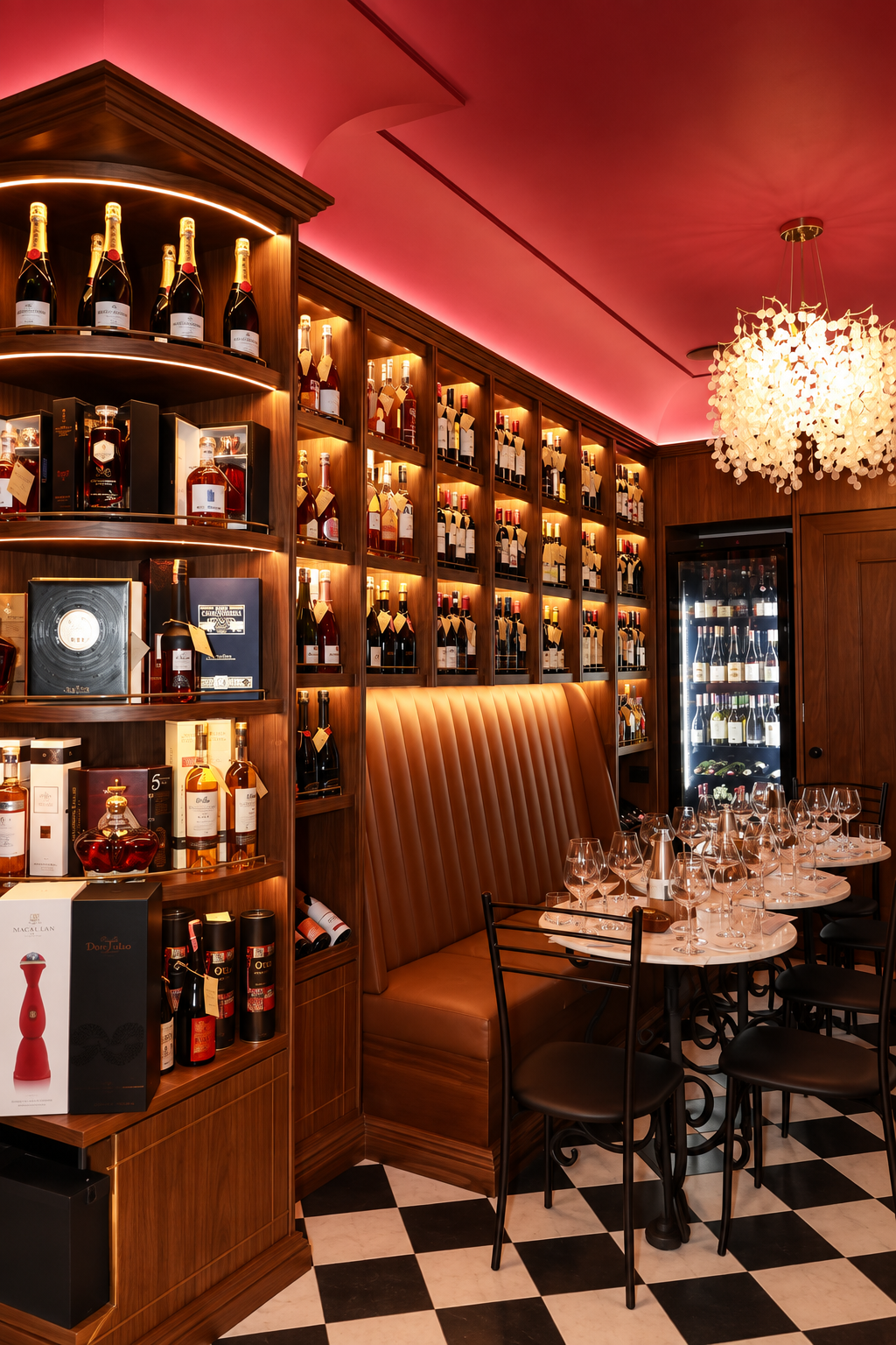 Elegant wine bar interior in Tirana, Albania, with wine shelves, tasting tables, and warm ambient lighting.