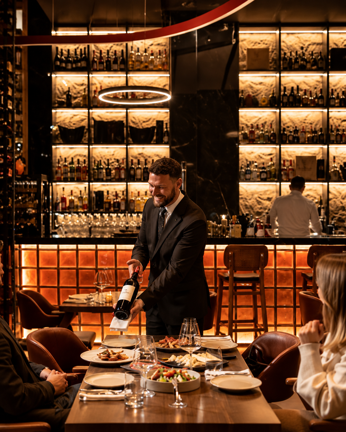 Wine service at Cuvée Vinoteka in Tirana with a sommelier serving guests at the table