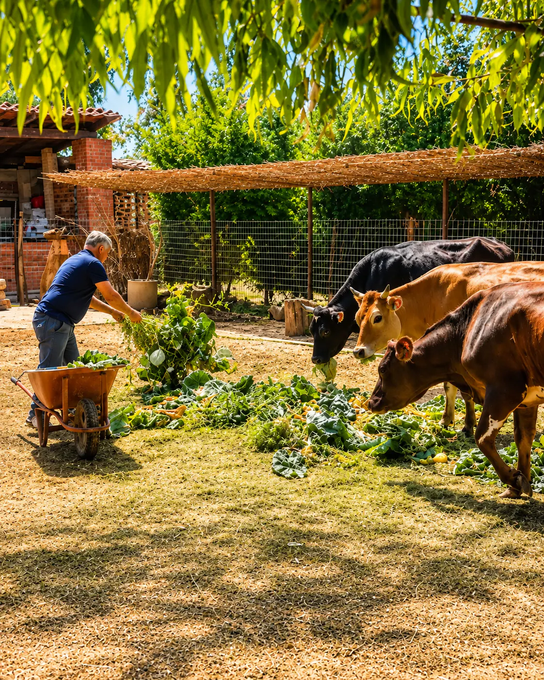 Agricoltore che nutre le mucche con verdure fresche al Blerina’s Agritourism a Laknas, vicino a Tirana, Albania.
