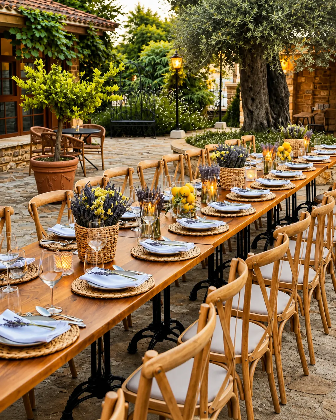 Splendida area ristorante all'aperto con tavoli in legno, decorazioni alla lavanda e vegetazione al Blerina’s Agritourism vicino a Tirana.