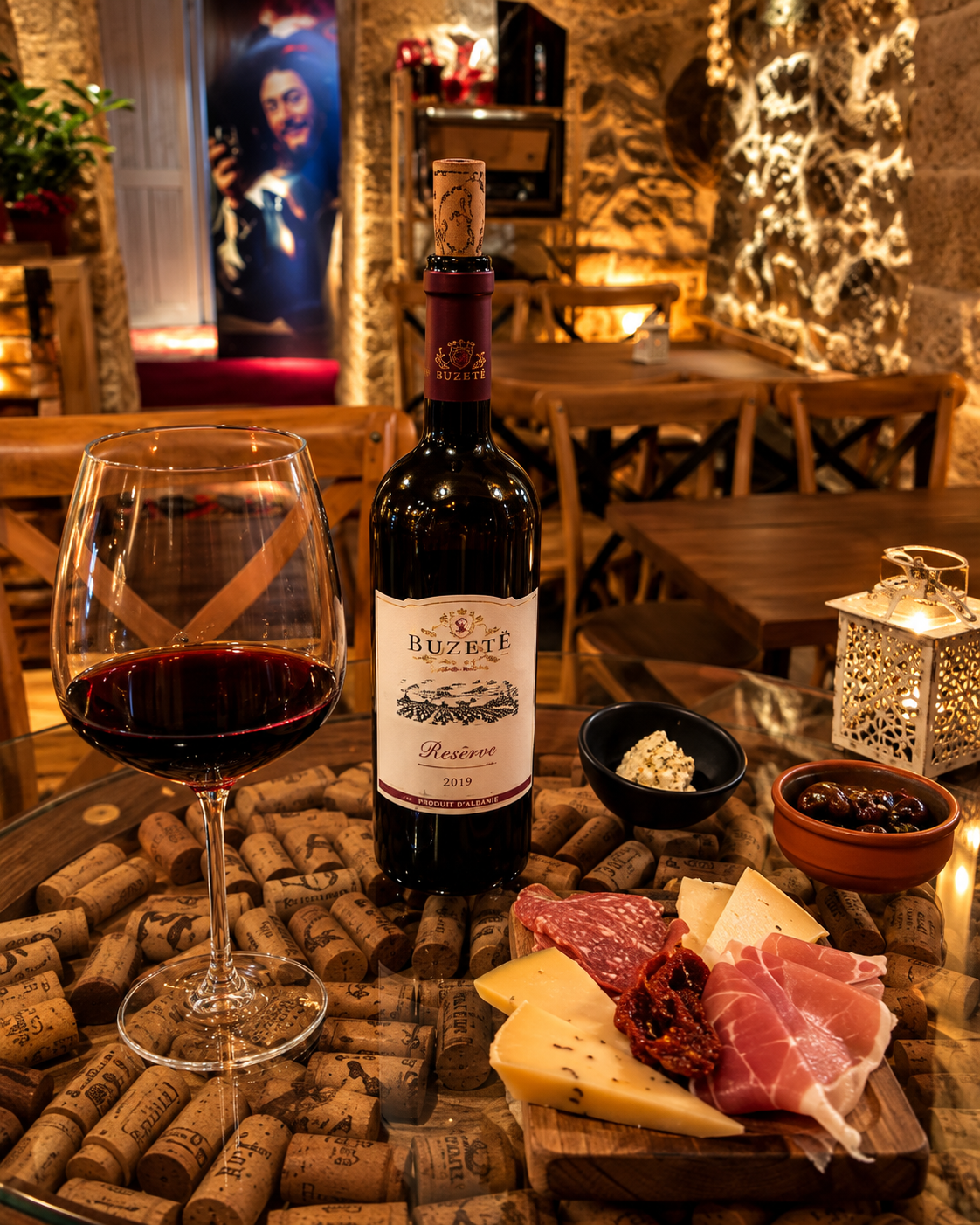 Albanian red wine paired with cheese and cured meats at Dua Vere in Tirana