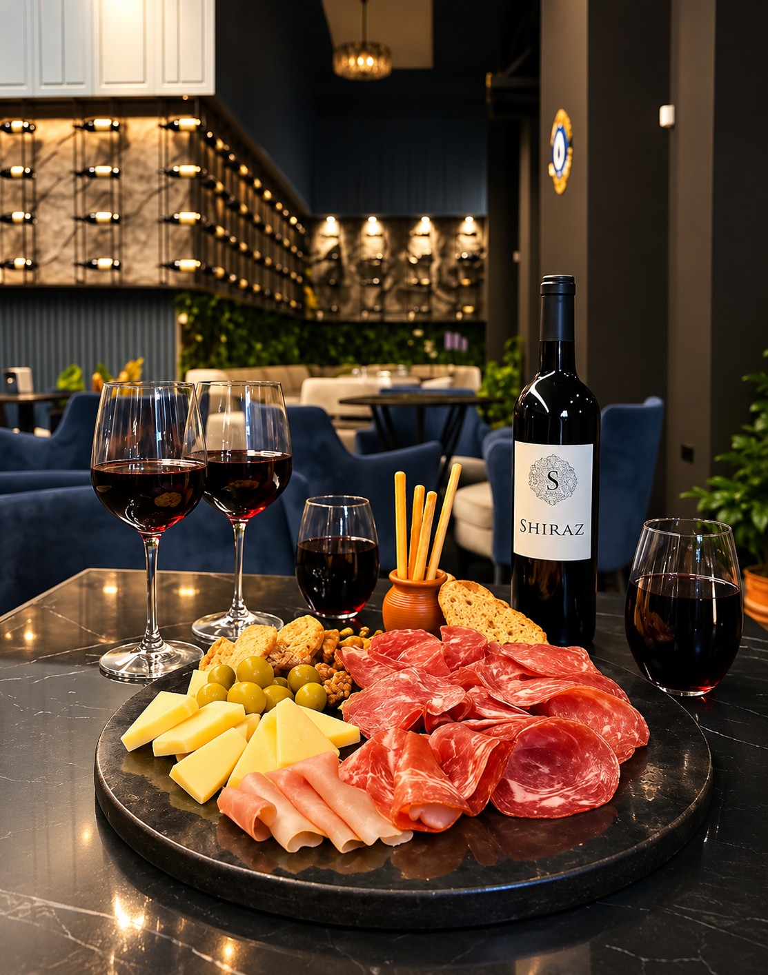 Red wine and charcuterie board with cured meats, cheese, olives and bread at a wine bar in Tirana, Albania.