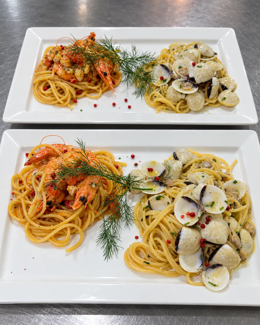 Seafood pasta with shrimp and clams at Feniks Restaurant in Divjake, Albania