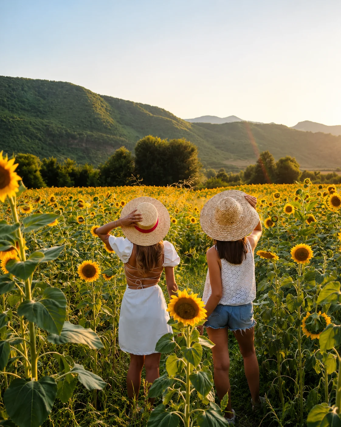 Due visitatori in un campo di girasoli circondato da colline verdi alla Ferma 100 di Vishaj, Tirana, Albania.