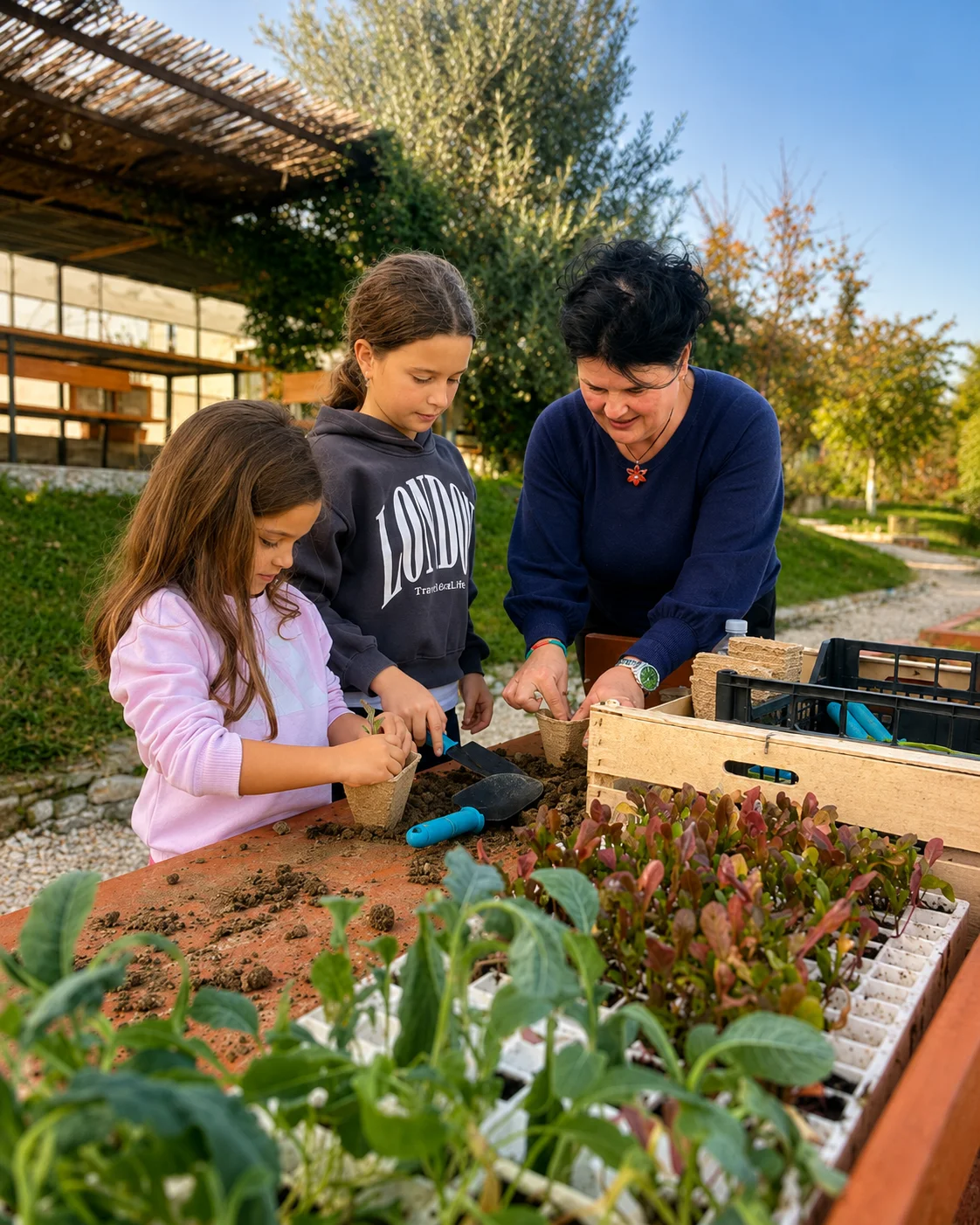 Bambini che partecipano a un'attività pratica di giardinaggio con un adulto alla Ferma Albanet di Prush, vicino a Tirana.