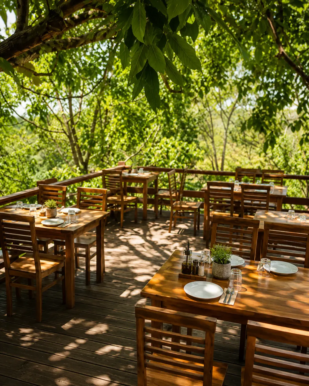 Tarracë e qetë në kopsht e rrethuar nga gjelbërimi në Garden Organic Restaurant në Krujë