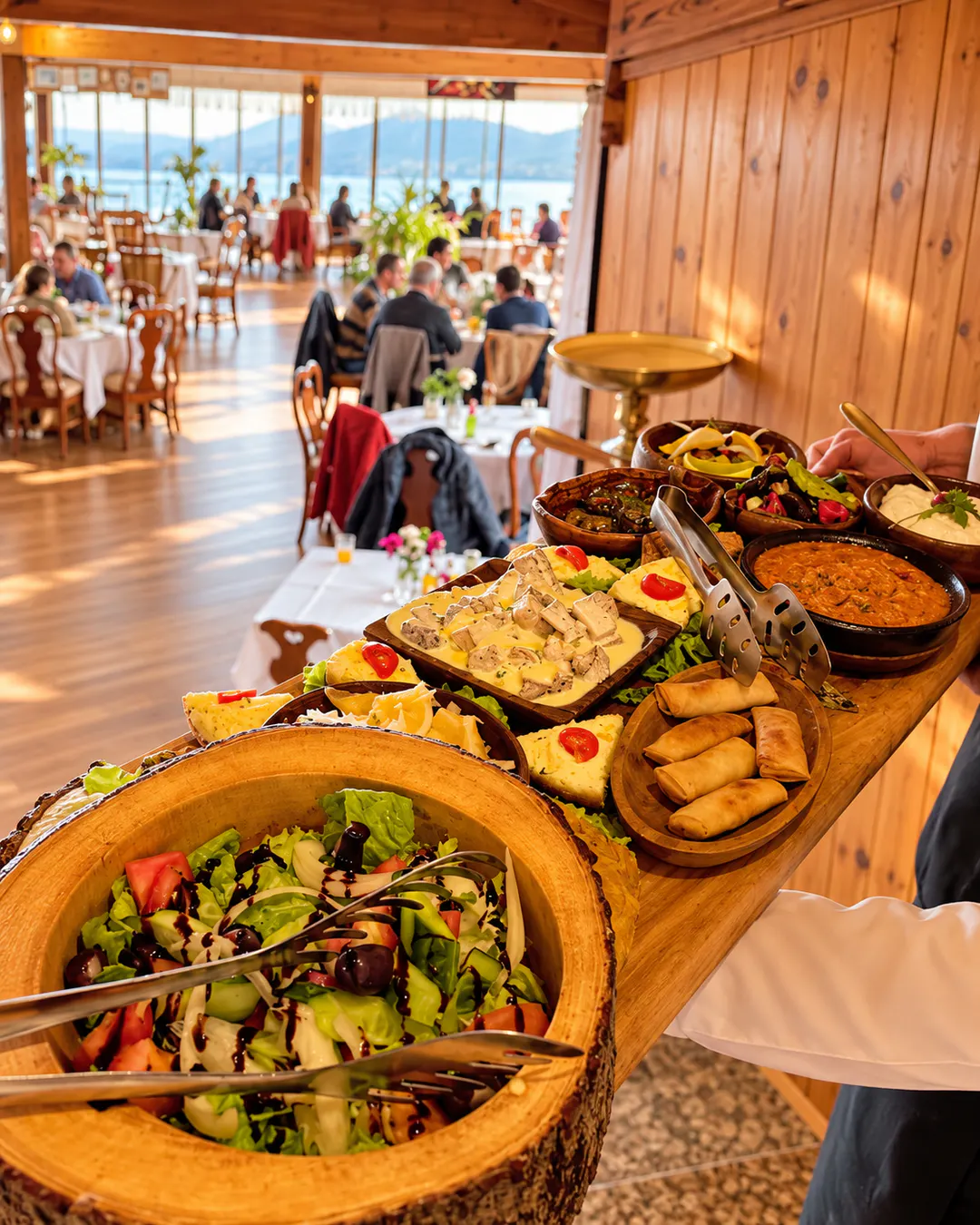 Meze shqiptare, djathë vendas dhe sallata në Horizont Restaurant në Krujë