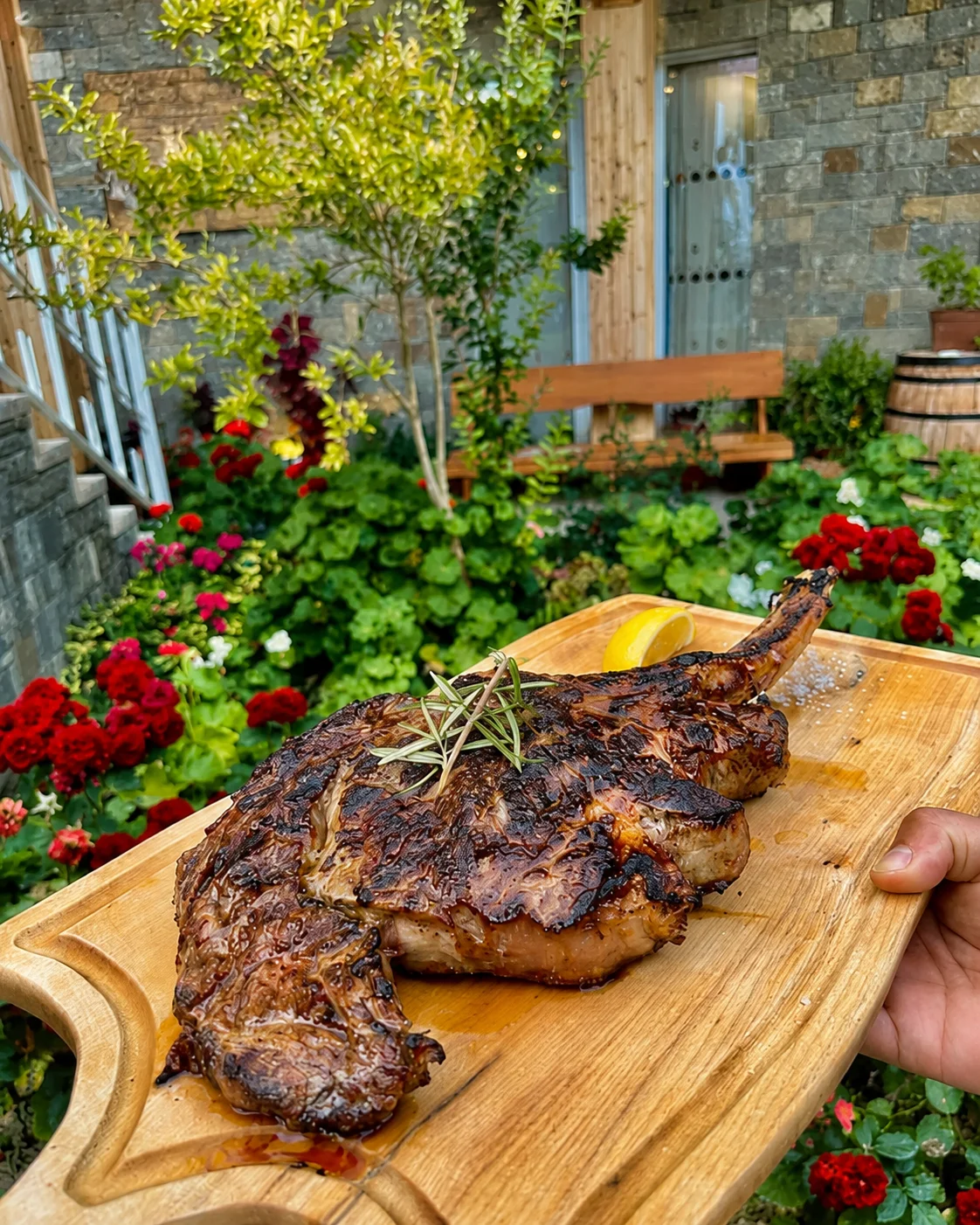 Carne alla griglia servita su un tagliere di legno con erbe aromatiche alla Kantina Enol, cantina vinicola e agriturismo a Prezë, Tirana.