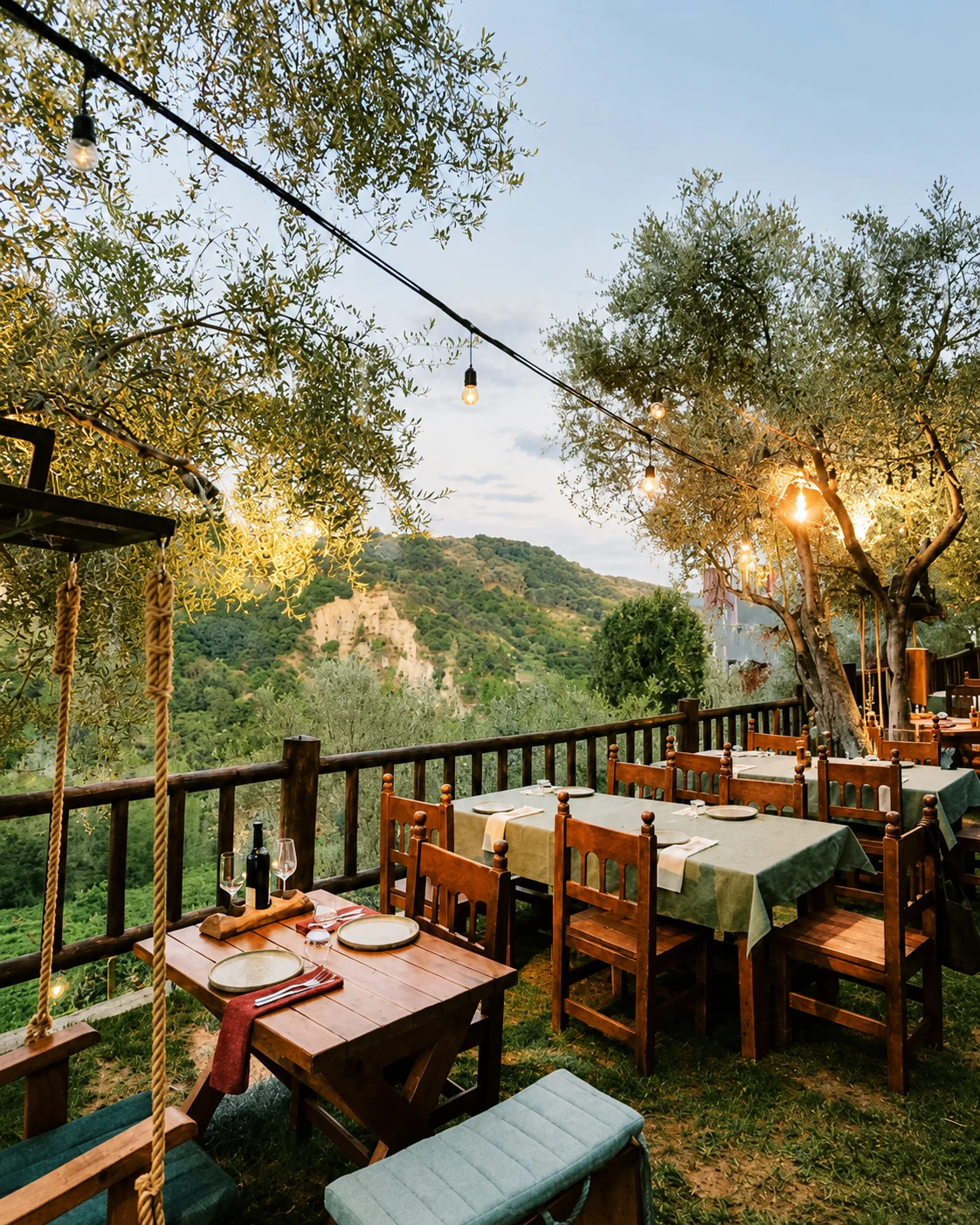 Terrazza ristorante all'aperto circondata da ulivi e colline verdi alla Kantina Enol vicino a Prezë, Tirana.