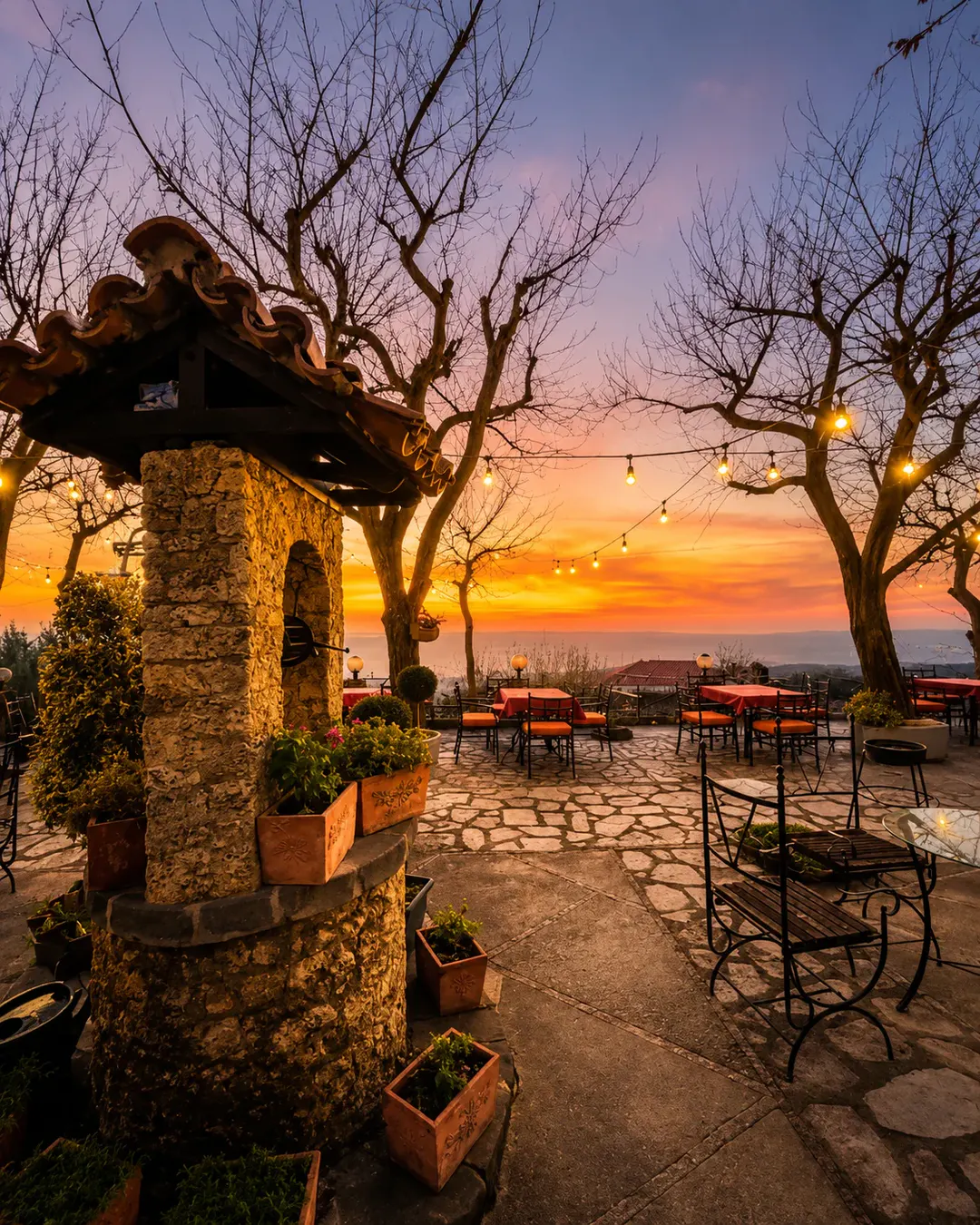 Tarracë e jashtme në Restaurant Alba pranë Kalasë së Krujës në perëndim të diellit