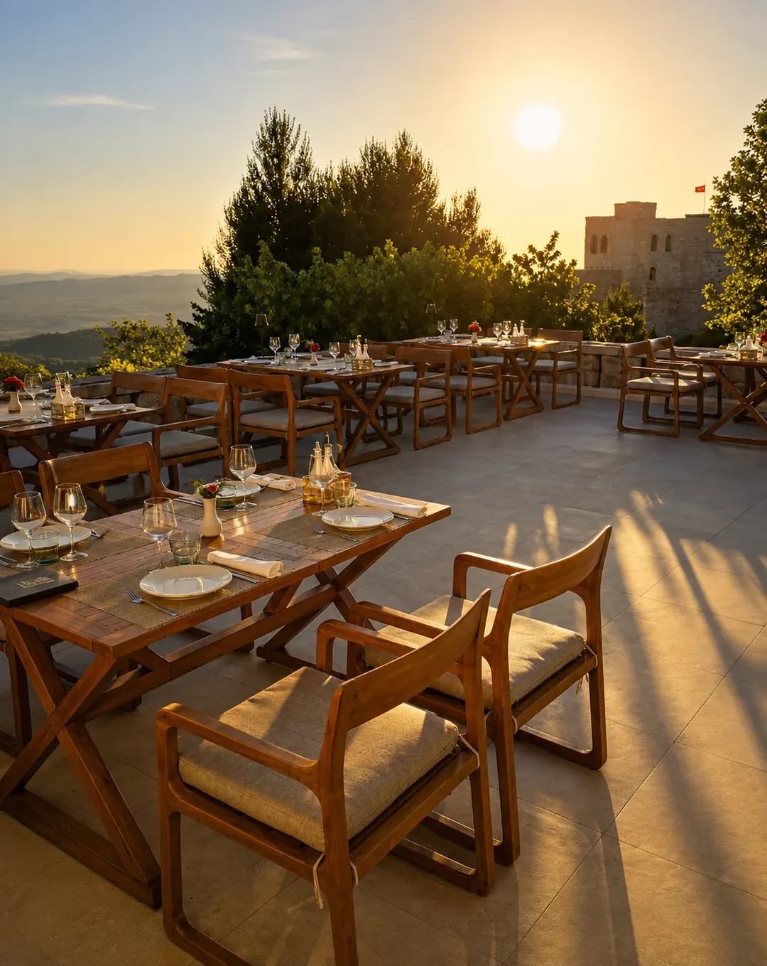 Tarracë e jashtme në Restorant Bardhi me pamje nga Kalaja e Krujës në perëndim të diellit