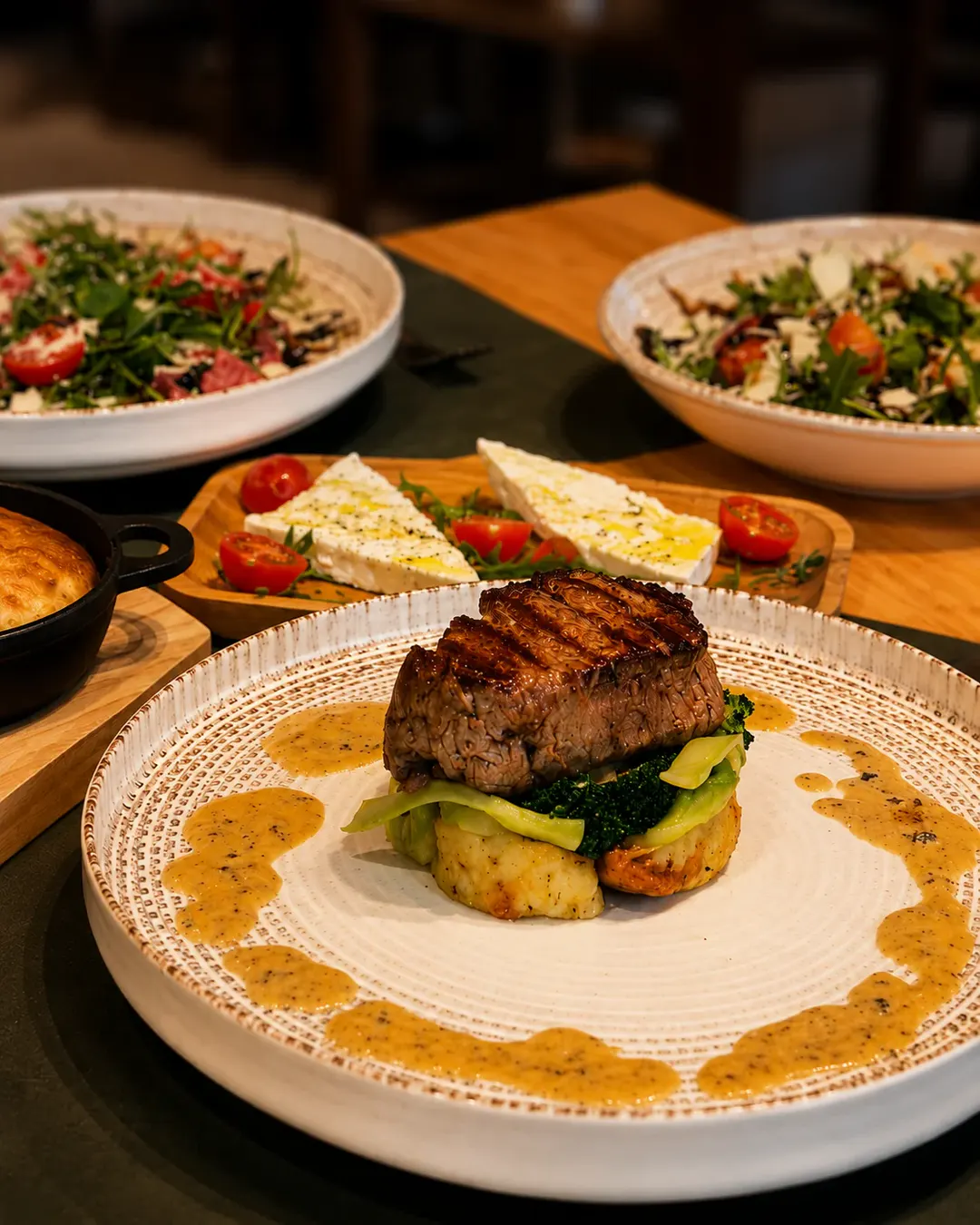 Biftek viçi në skarë, i servirur mbi perime dhe patate me salcë kremoze, i shoqëruar me sallata të freskëta dhe djathë në Trattoria Venezia.