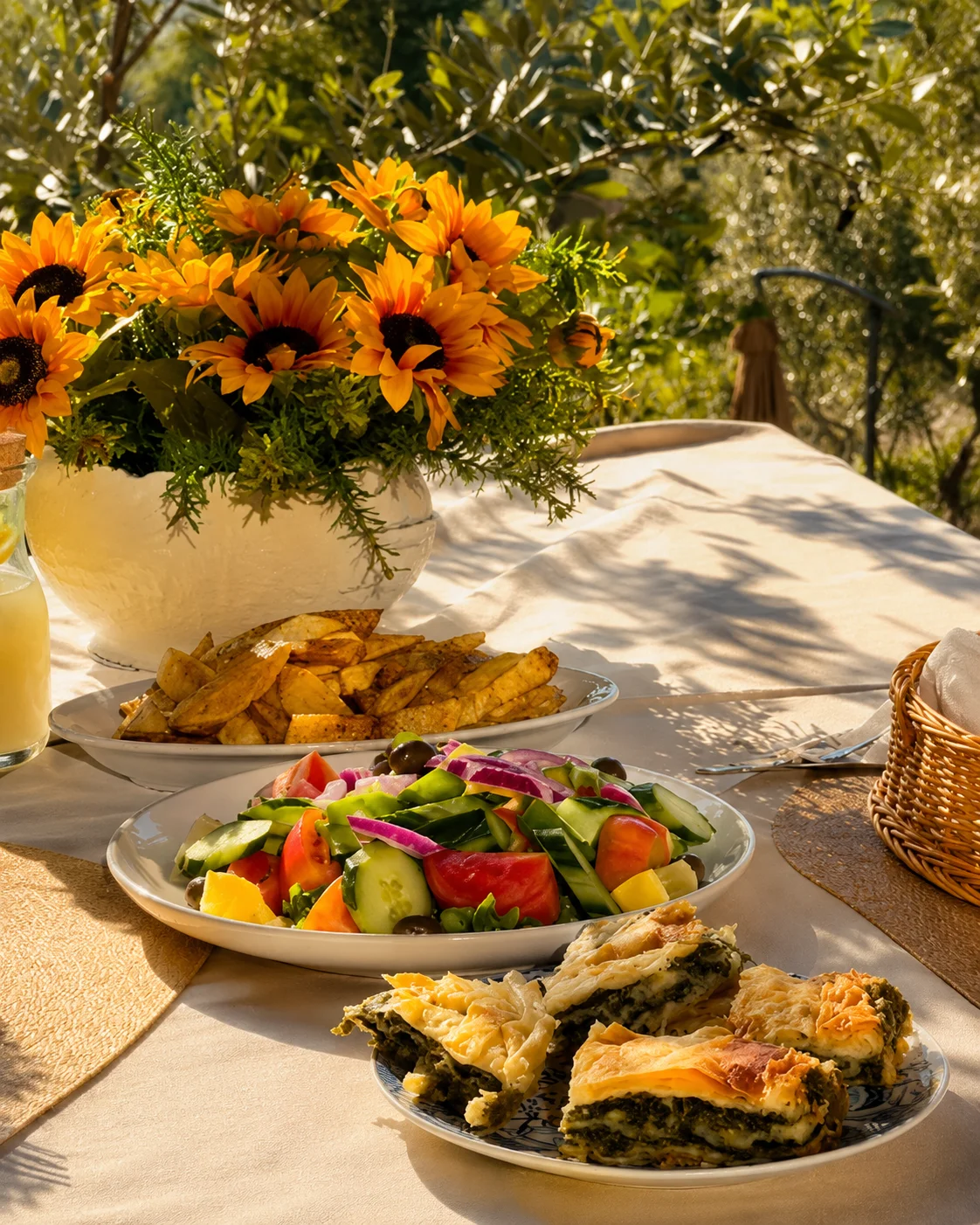Piatti tradizionali albanesi, insalata fresca e torta salata serviti all'aperto alla Turtle Farm Albania di Daias, vicino a Tirana.