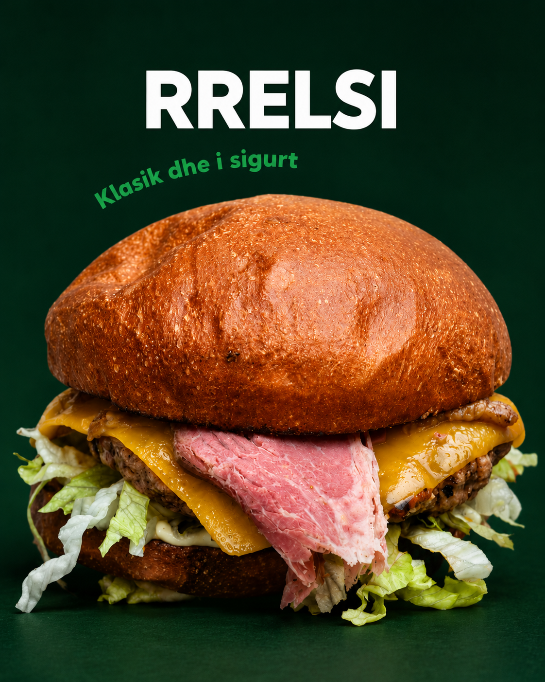 Rrelsi burger with beef, cheddar, pastrami and caramelized onion