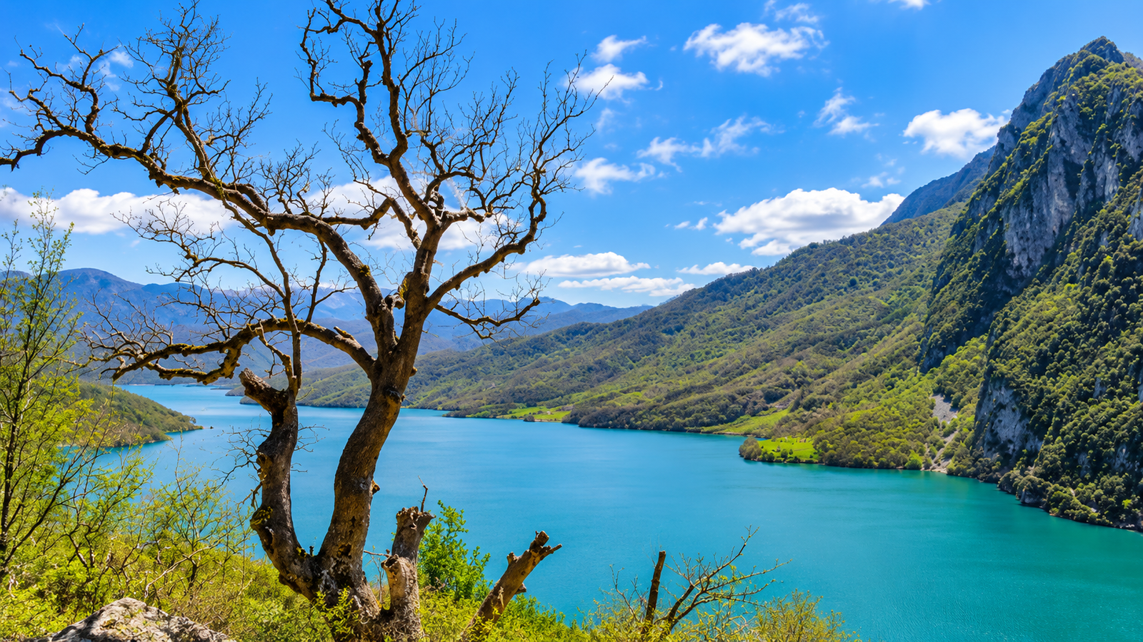 Vista escursionistica dal Monte Gamti sulle acque turchesi del Lago di Bovilla vicino a Tirana, Albania