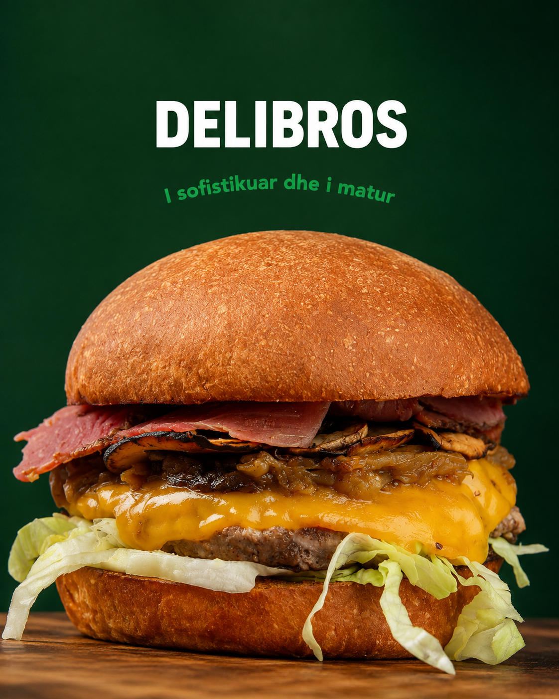 Delibros signature burger with beef, cheddar, pastrami and mushrooms
