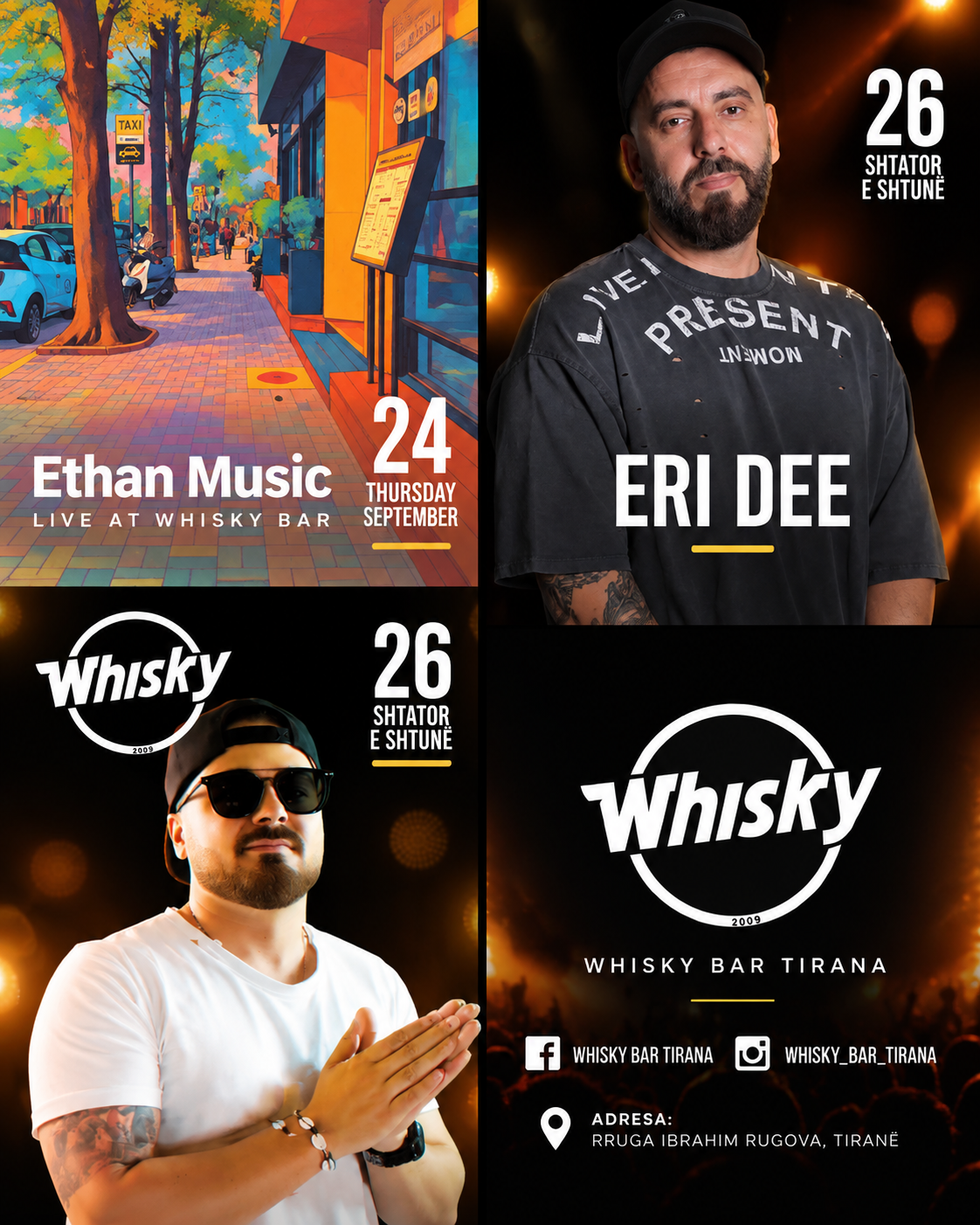 Evente me muzikë live në Whisky Bar Tirana në Rrugën Ibrahim Rugova, me performanca më 24 dhe 26 Shtator 2026.