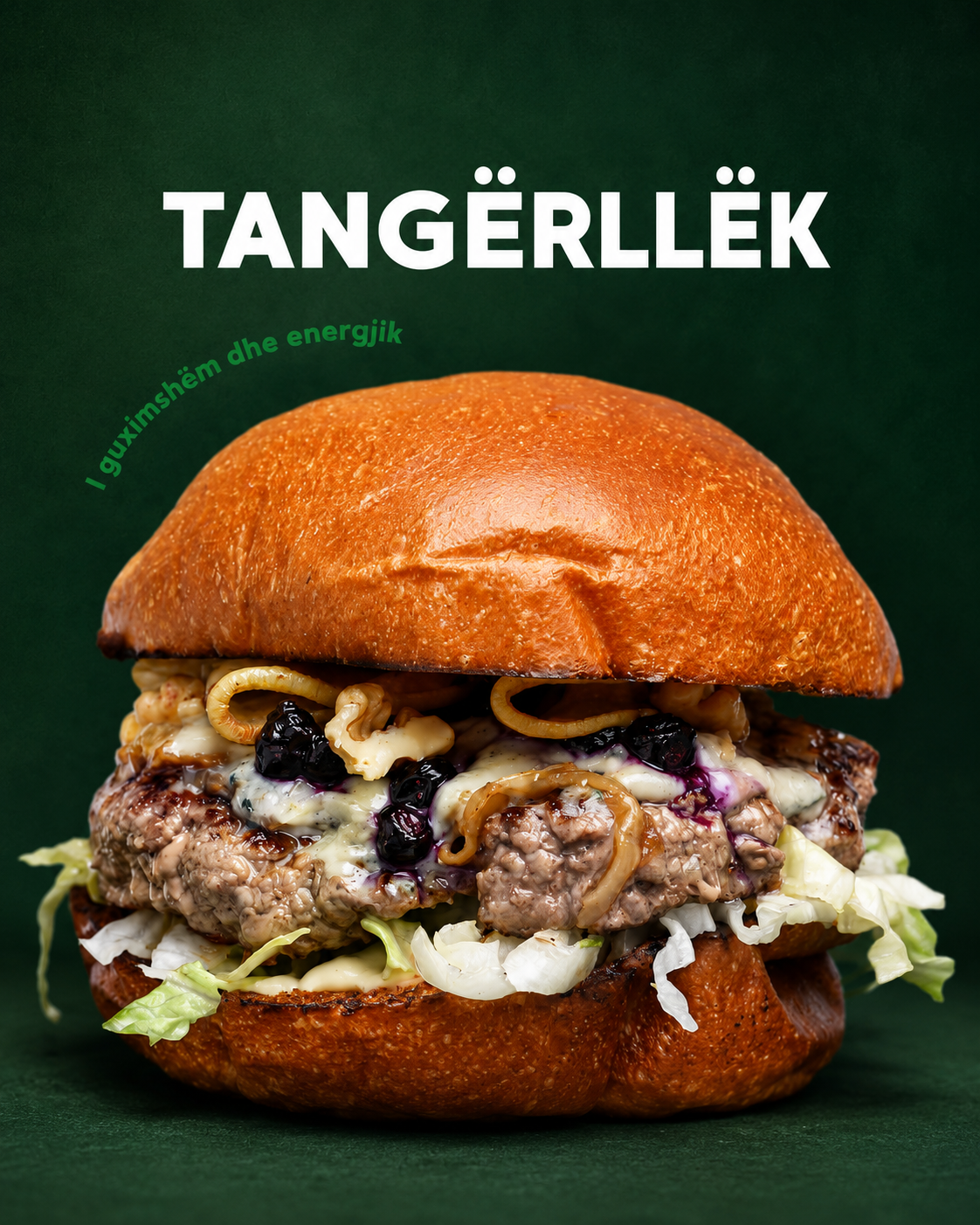 Tangërllëk burger with beef, blue cheese, roasted pear and blueberries