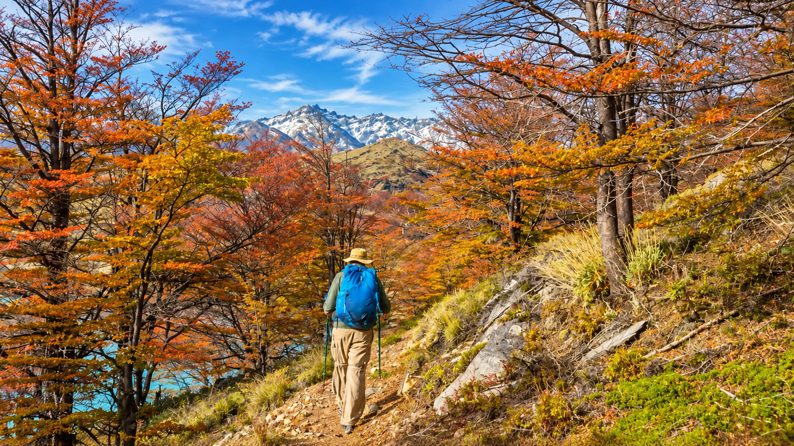 Escursionista su un sentiero di montagna autunnale in Albania circondato da boschi colorati e paesaggi montani