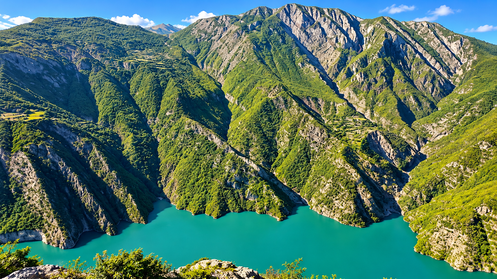 Paesaggio escursionistico di Maja e Murges con vista sul Lago di Koman e sulle montagne circostanti in Albania