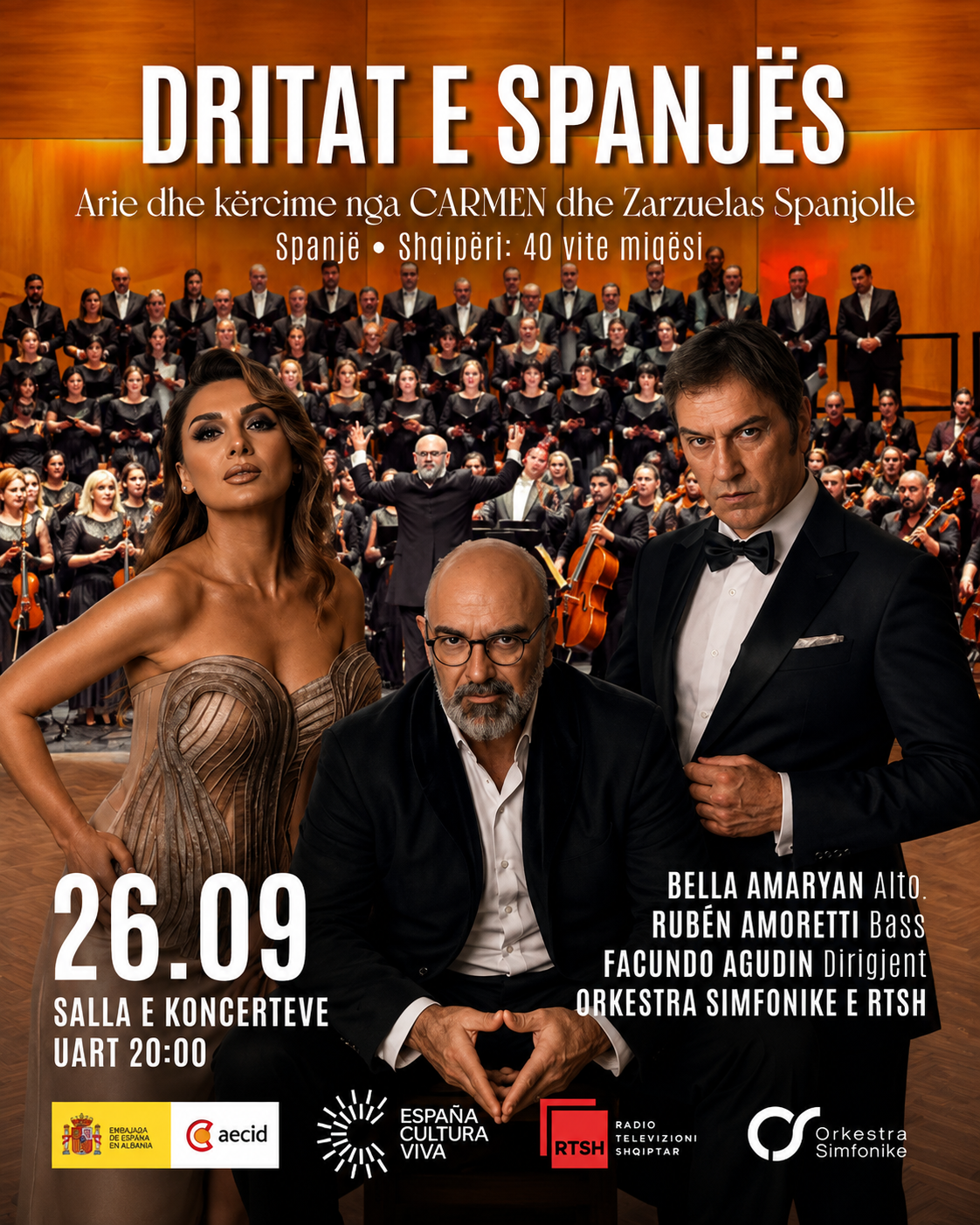 Koncerti Dritat e Spanjës me Orkestrën Simfonike të RTSH në Universitetin e Arteve në Tiranë, 26 Shtator 2026.