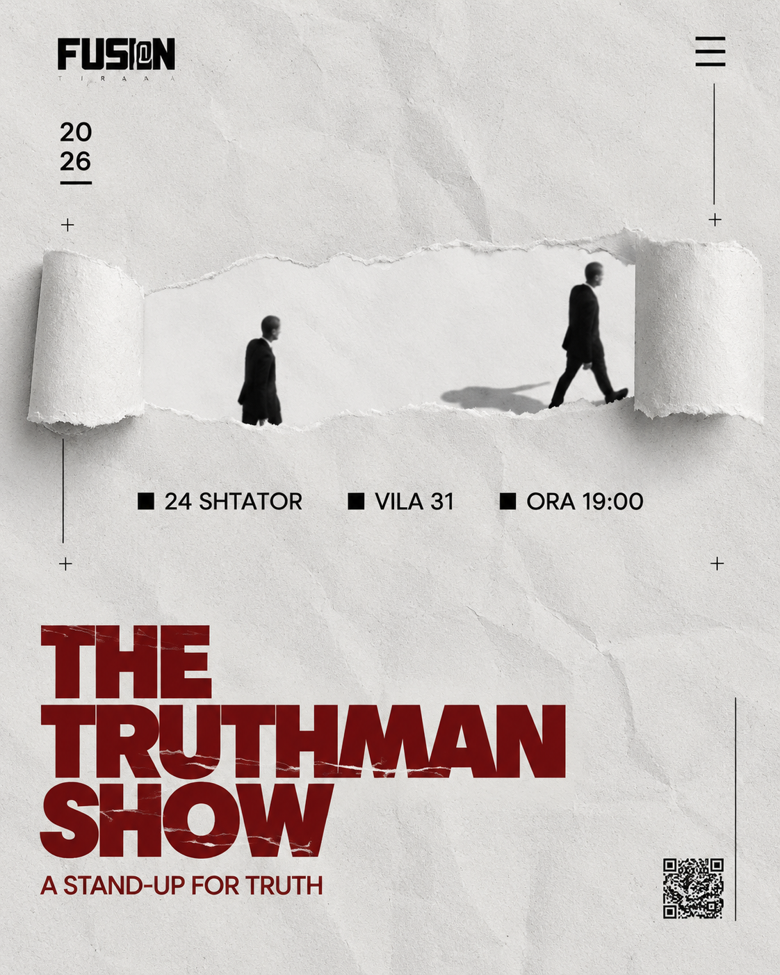 Posteri i eventit stand-up comedy The Truthman Show në Vila 31 x Art Explora në Tiranë më 24 Shtator 2026.