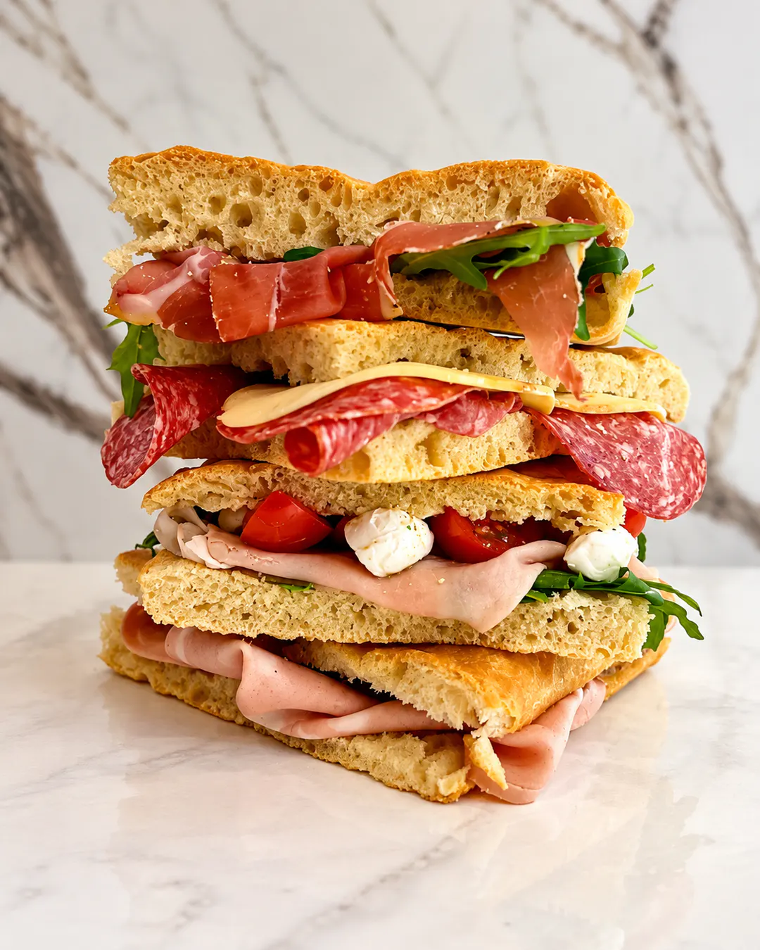 Përzgjedhje sanduiçësh italianë me focaccia, proshutë, sallam, djathë, domate të freskëta dhe rukola te Ambrosso në Tiranë.