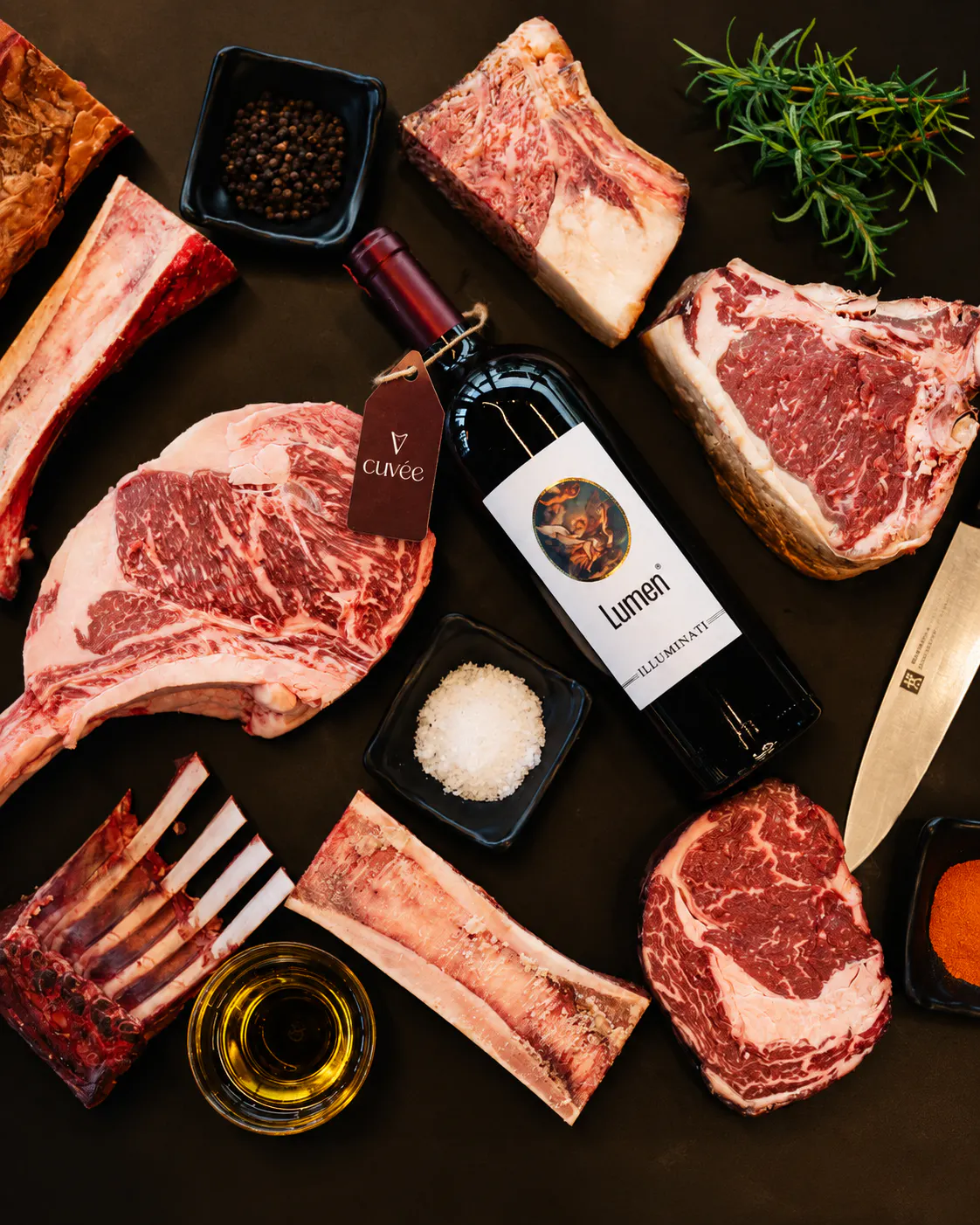 Wine and premium steak pairing at Cuvée Vinoteka in Tirana with Lumen red wine and selected cuts of meat
