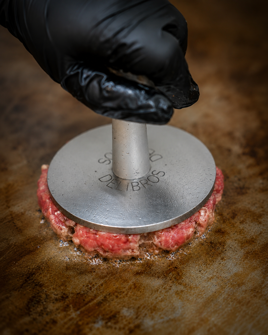 Fresh beef patty being smashed on the grill at Delibros Tirana