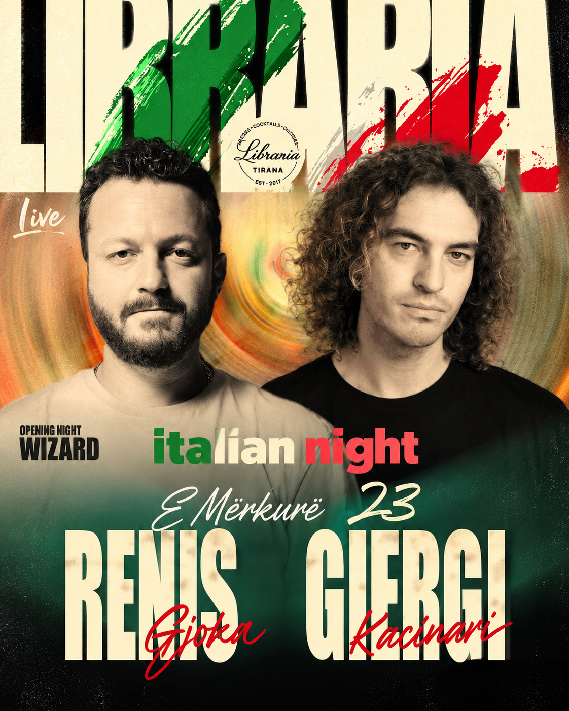 Programi javor nightlife i Libraria Bar në Tiranë me Italian Night, Starlight, Abelomania dhe Johnny, 23–26 Shtator 2026.