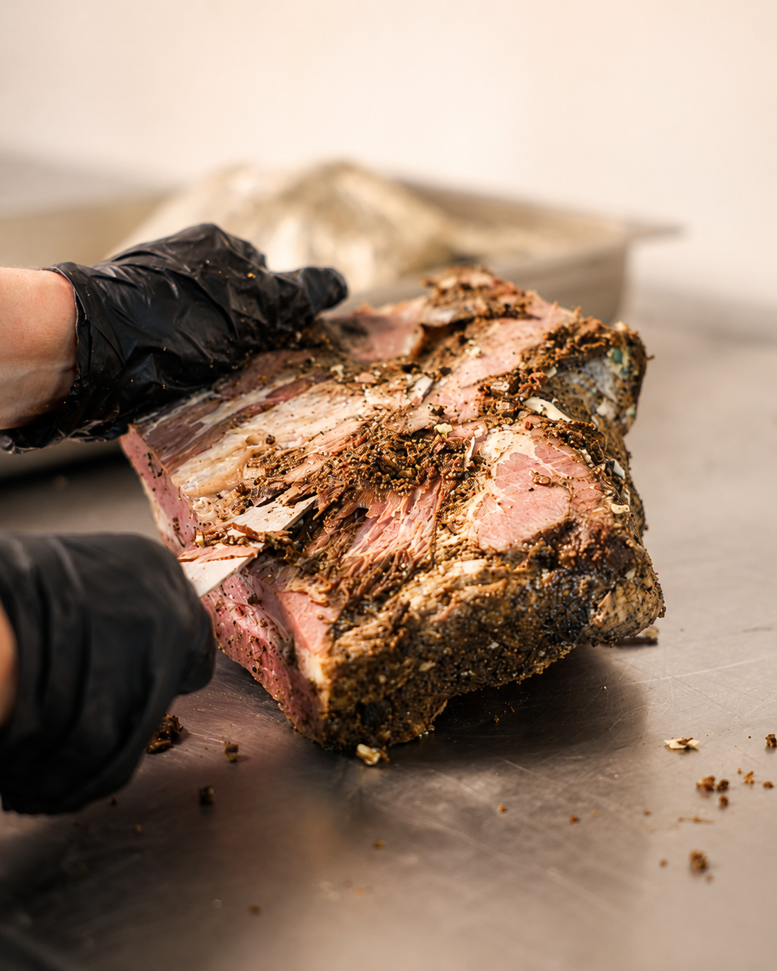 Freshly sliced house-made pastrami at Delibros Tirana