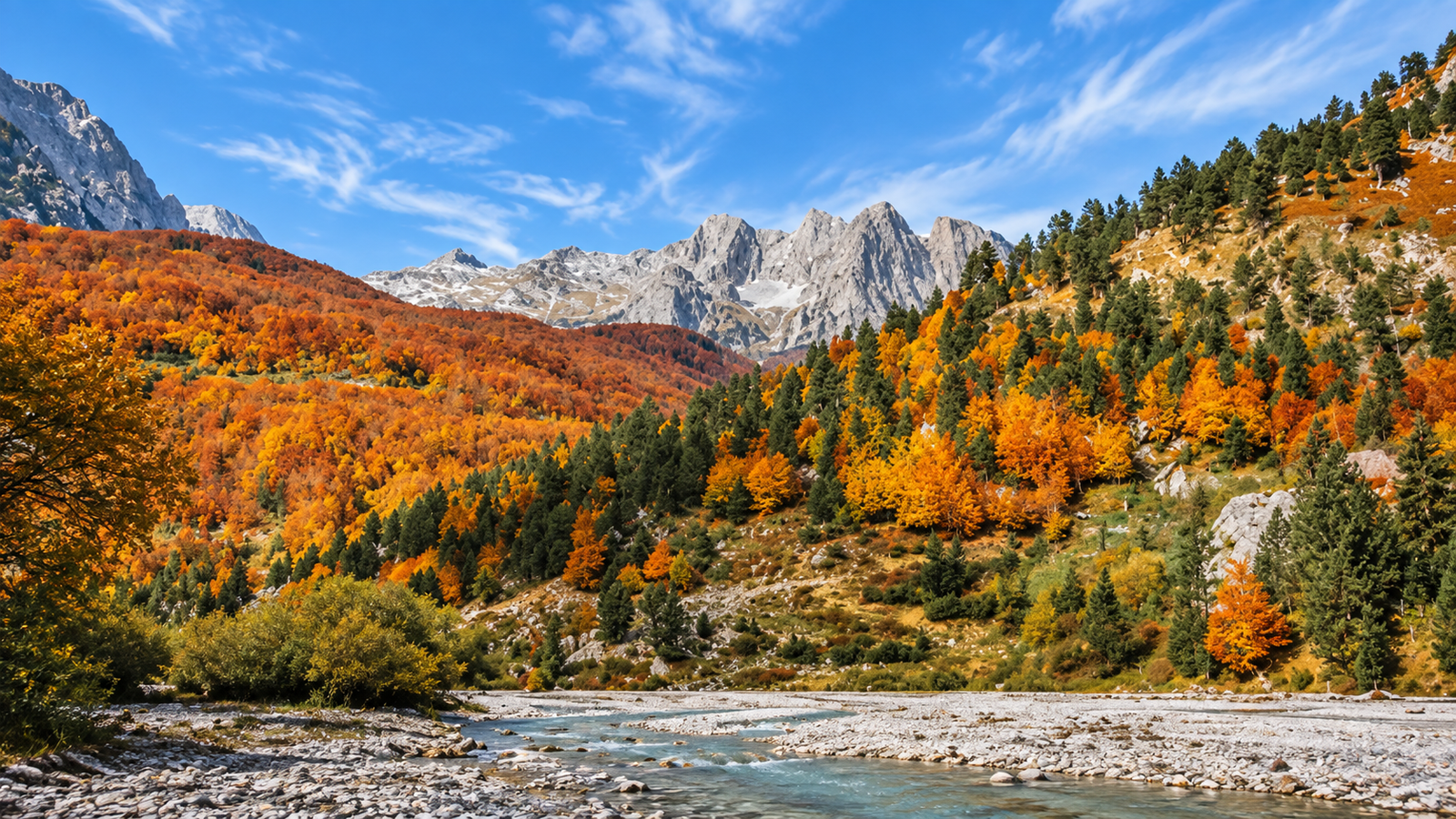 Paesaggio escursionistico di Maja e Rosit in autunno con boschi colorati e vette montane nelle Alpi Albanesi