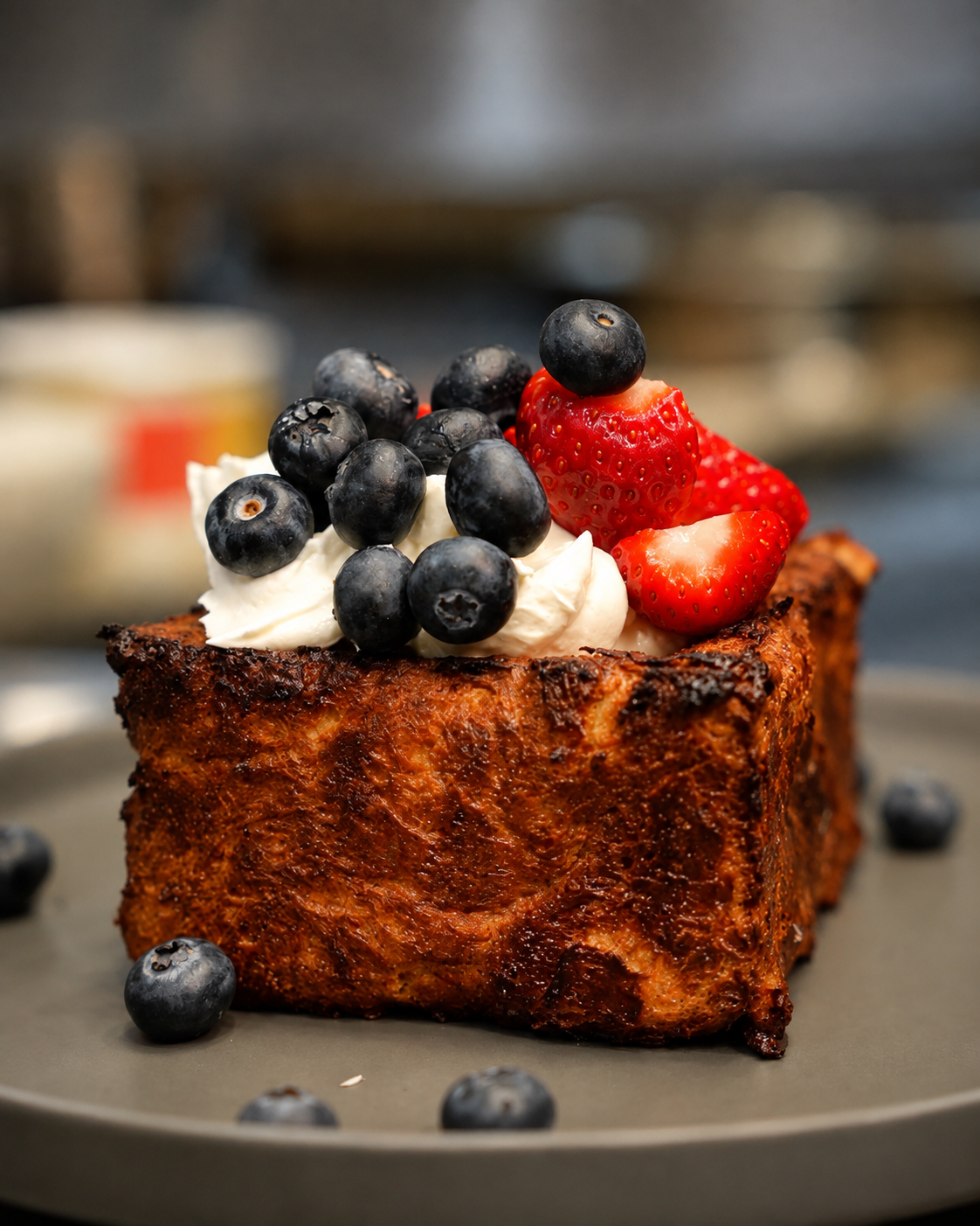 French toast with strawberries and blueberries at Delibros brunch