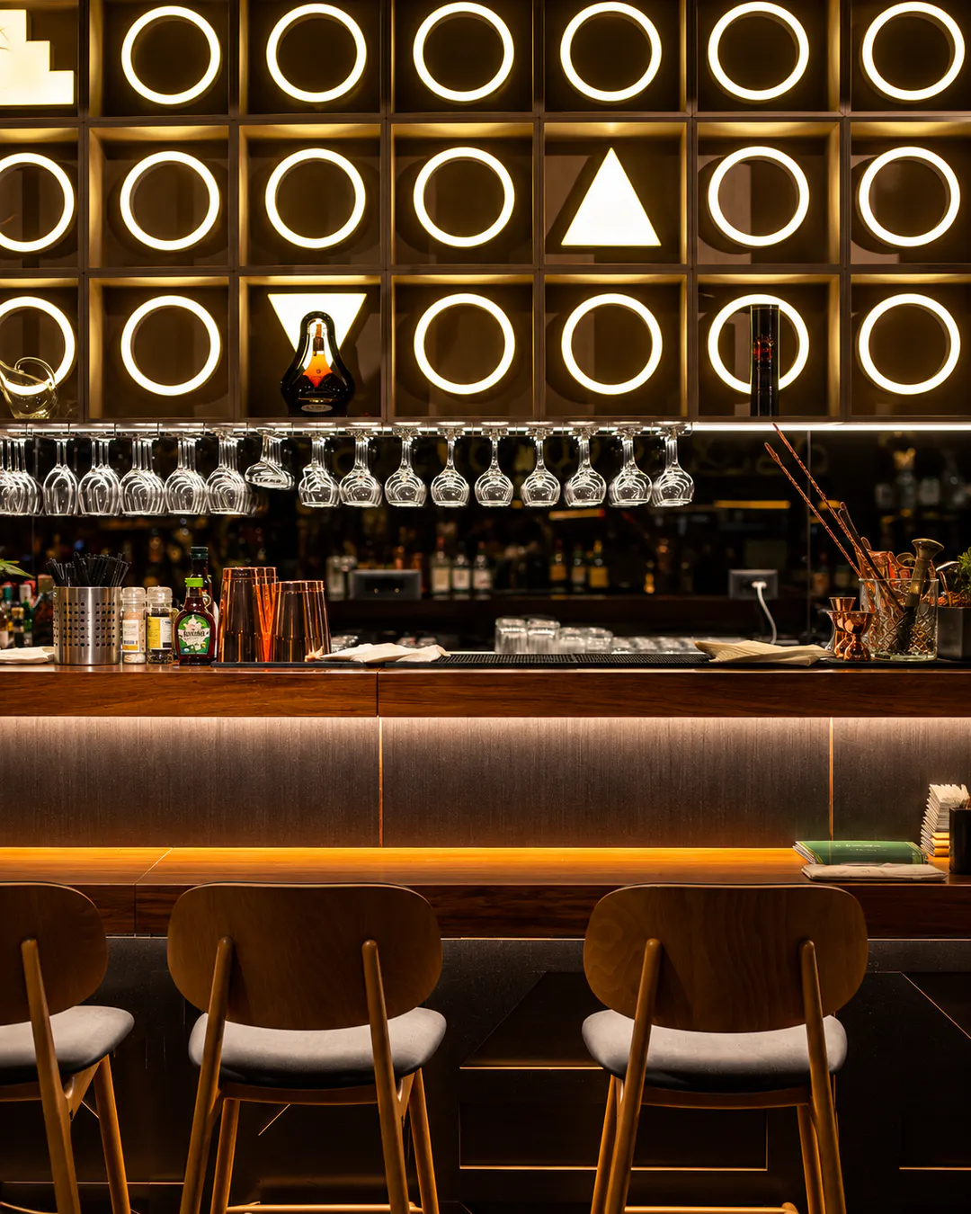 Elegant bar interior at an upscale fine dining restaurant in Tirana