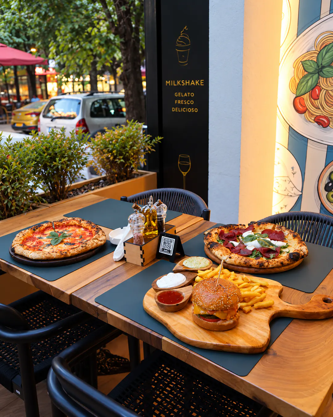Pizza, burger and fries served at Global Bite in Blloku, Tirana