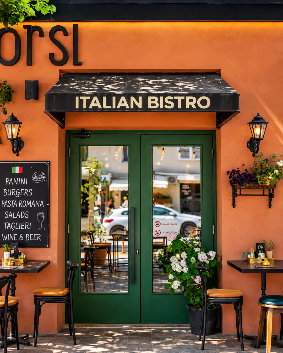 Pamja e jashtme e MORSI Tirana Italian Bistro, me dyer jeshile, mure portokalli dhe tavolina jashtë në Bllok, Tiranë.