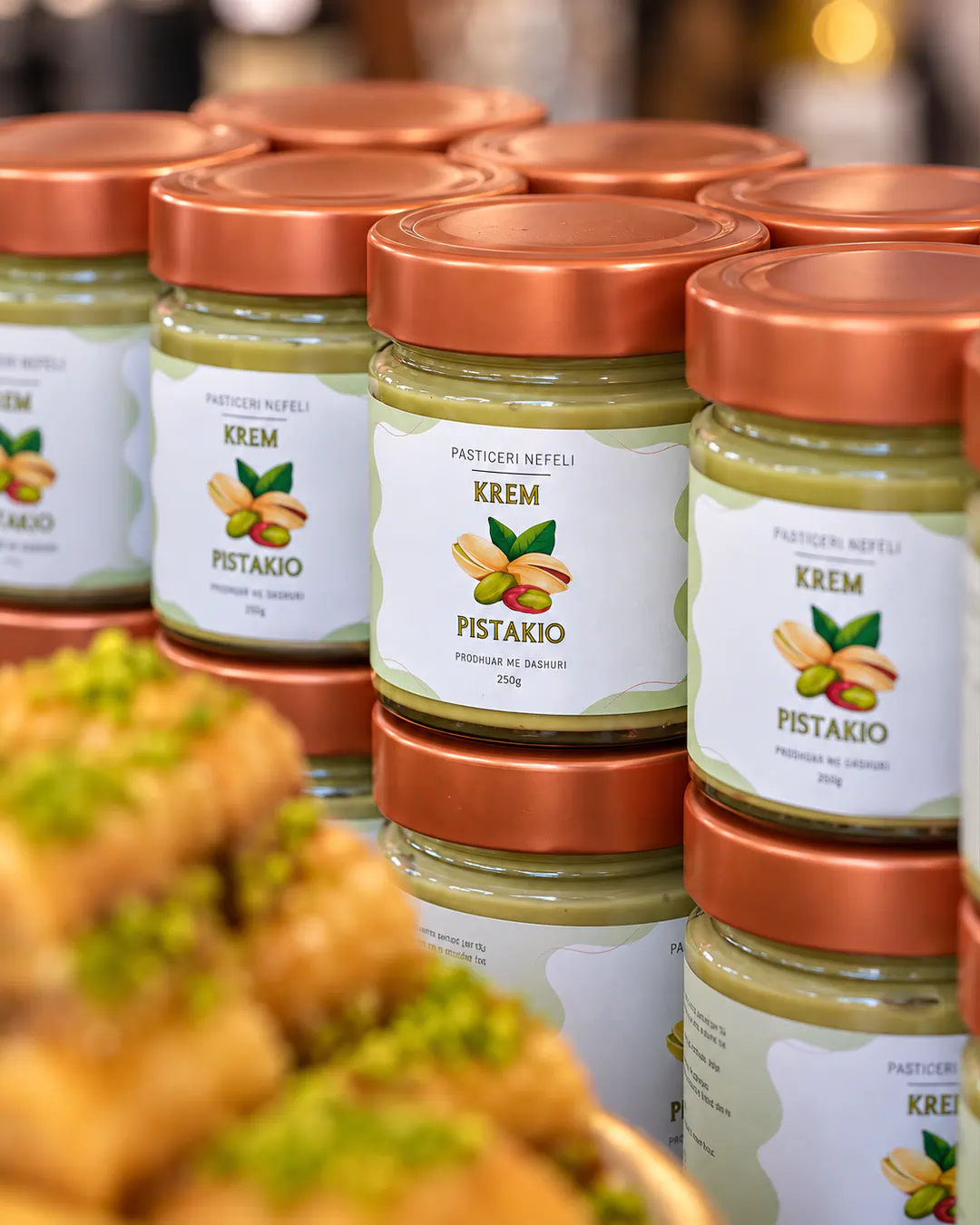 Pistachio cream jars from Nefeli bakery in Tirana