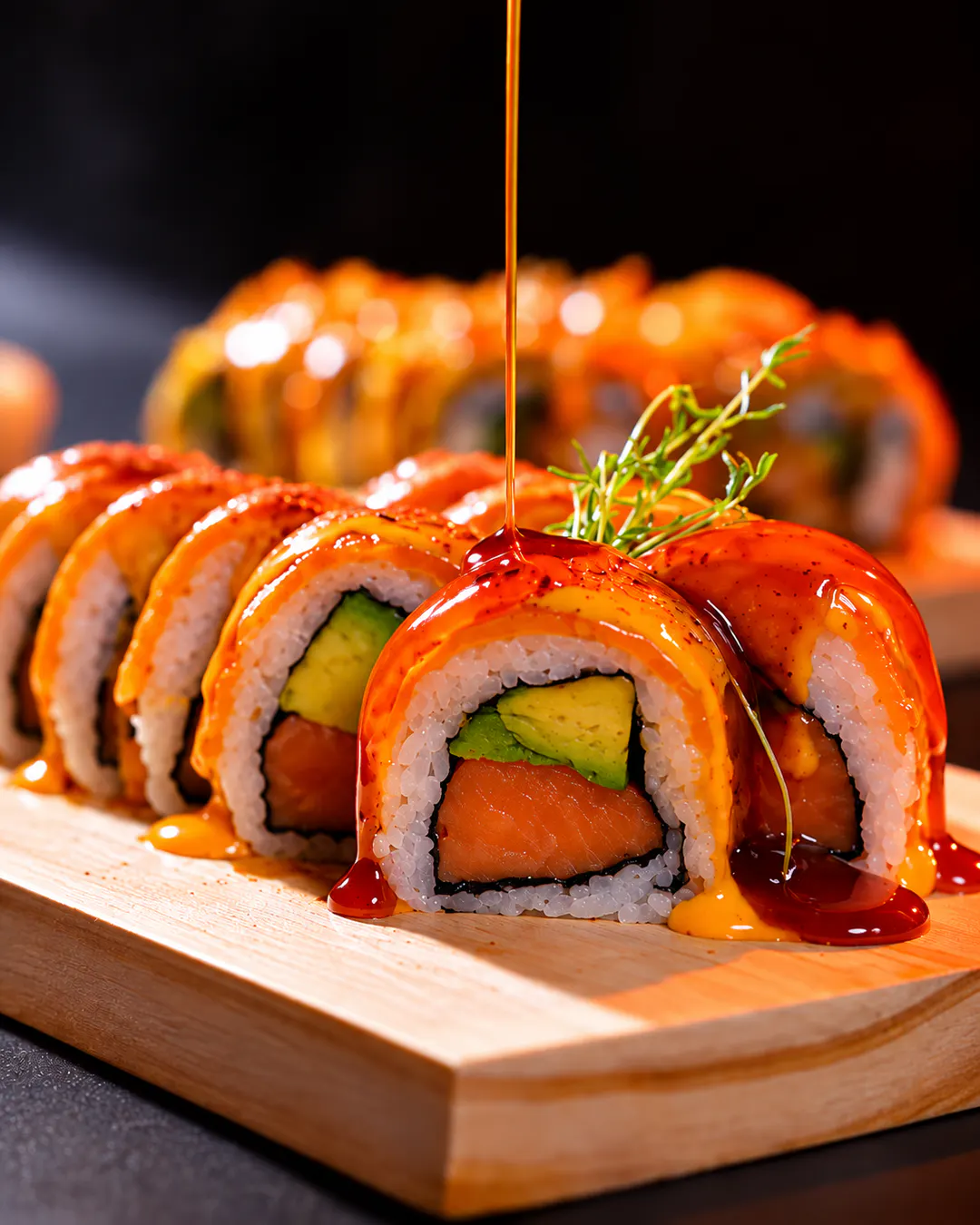 Salmon and avocado sushi rolls with sauce at Origami Sushi in Tirana