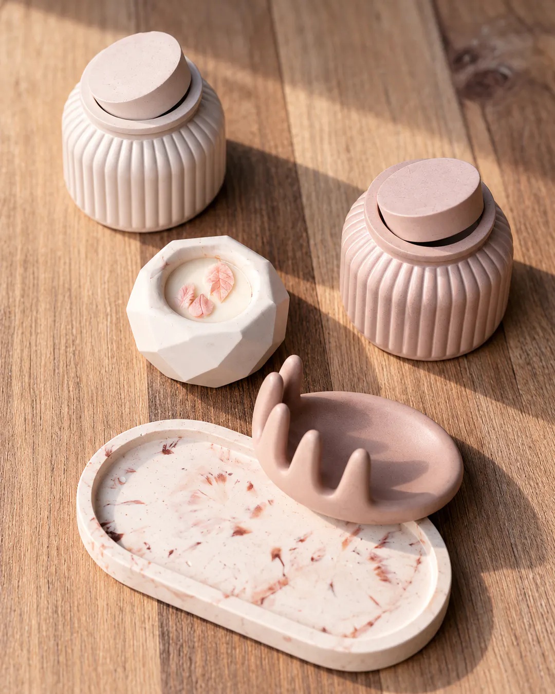 Handmade decorative objects from a Pure & Sunny Aromatherapy concrete workshop in Tirana