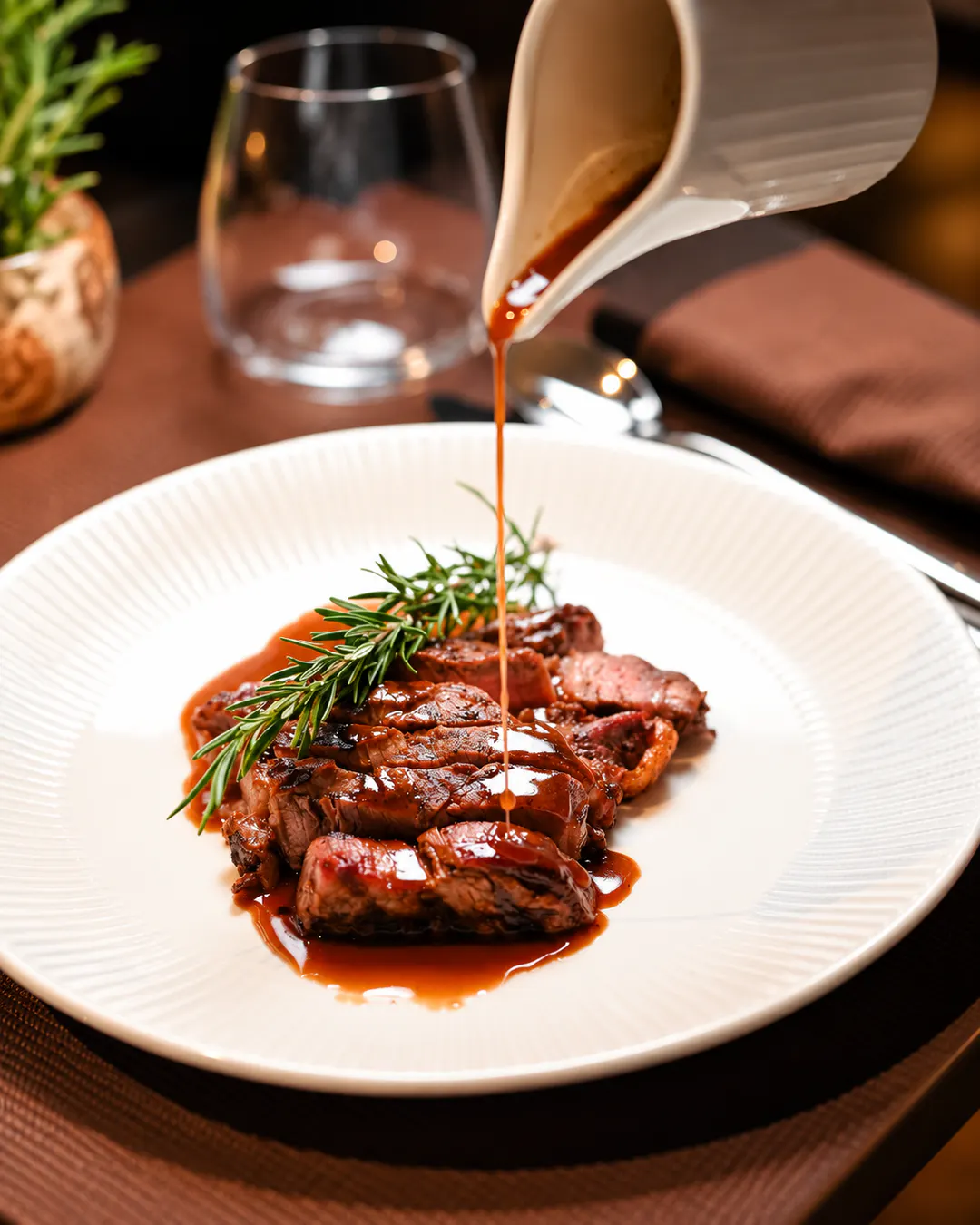 Gatim gourmet me mish, i zbukuruar me rozmarinë, mbi të cilin hidhet salcë te Rossini Restaurant në Bllok, Tiranë.