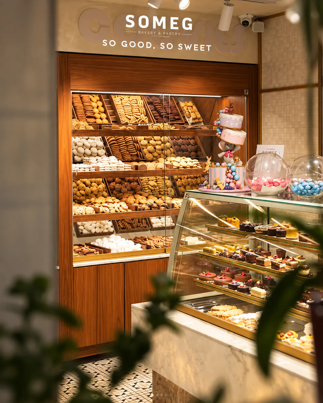 Interior of SOMEG Bakery & Pastry with fresh cookies, pastries and desserts in Tirana