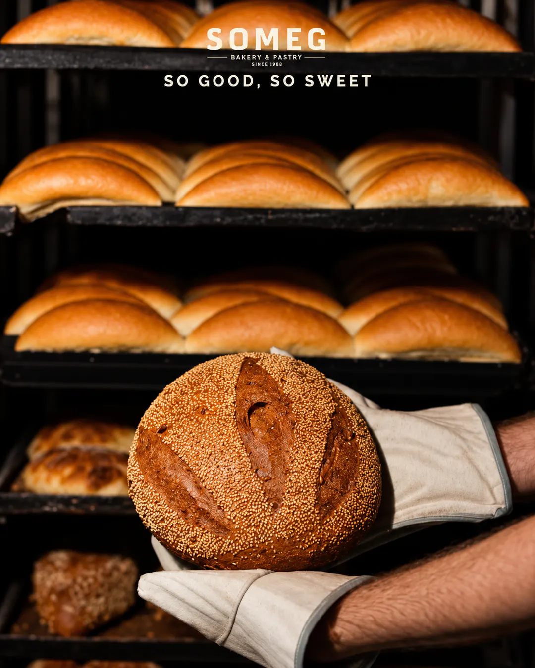 Freshly baked sesame bread at SOMEG Bakery & Pastry in Tirana