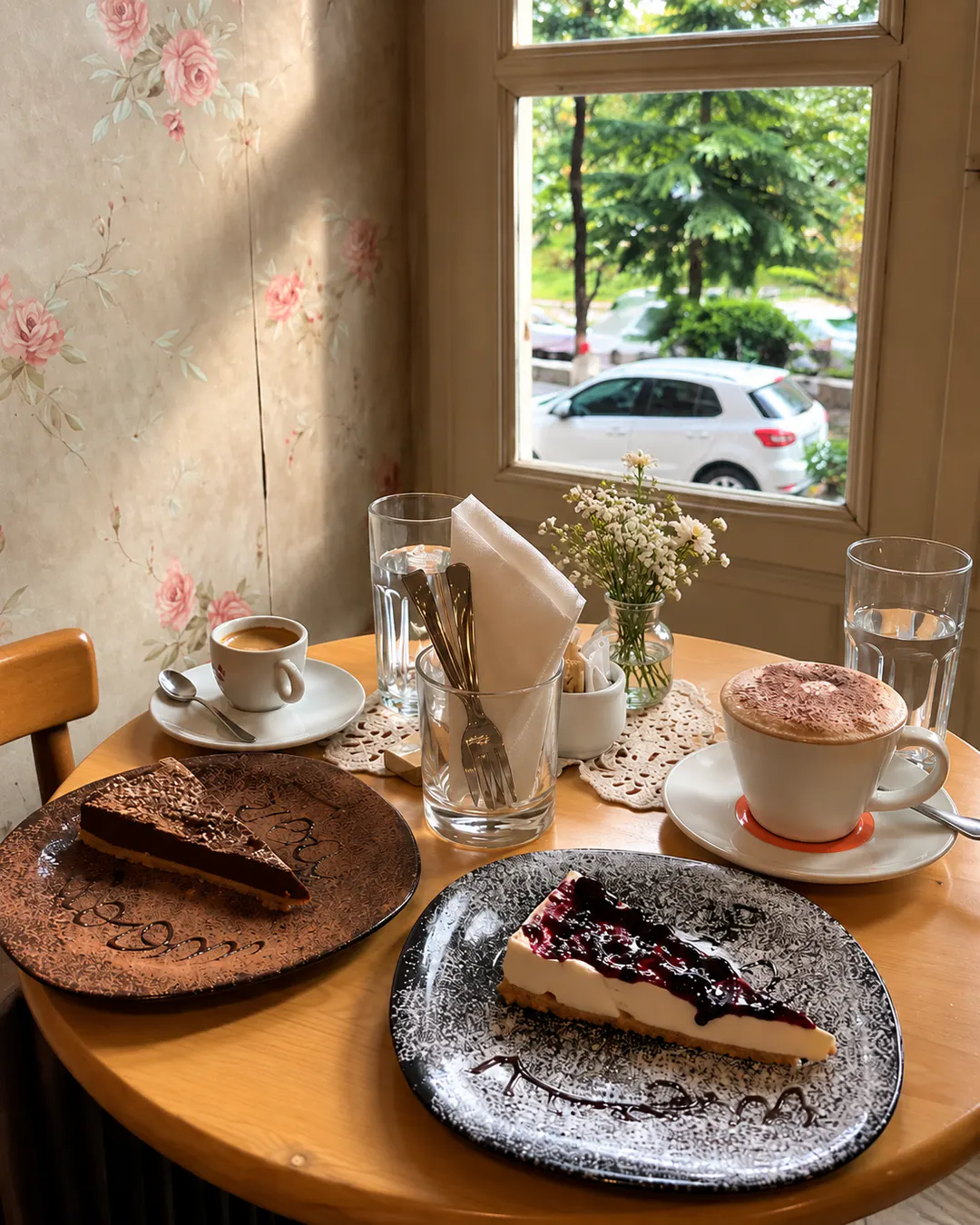 Tea and cake by the window at The Tea Room in Tirana
