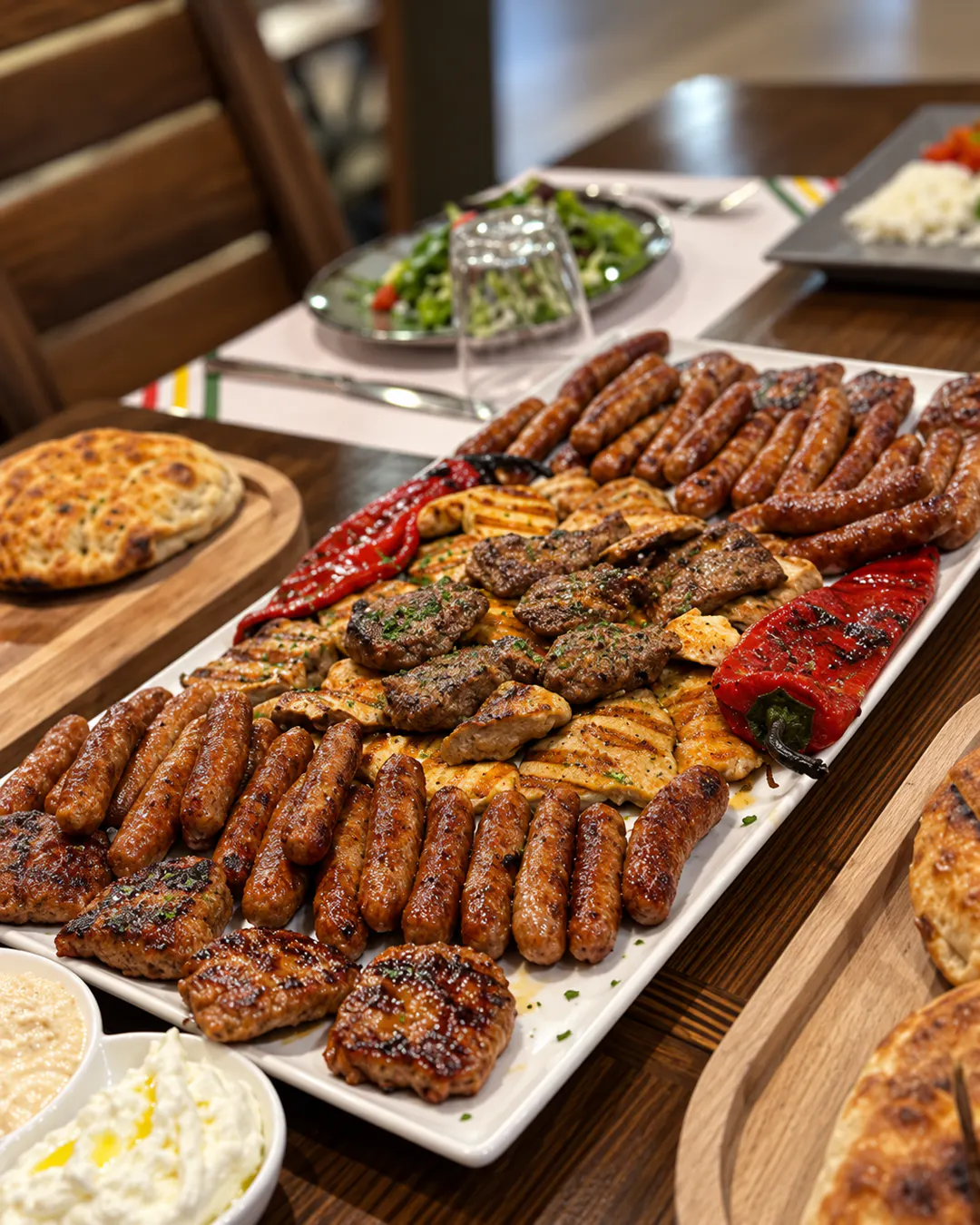 Pjatë me mishra të ndryshëm në skarë, salçiçe, mish dhe speca te The Traditional Grill në Tiranë