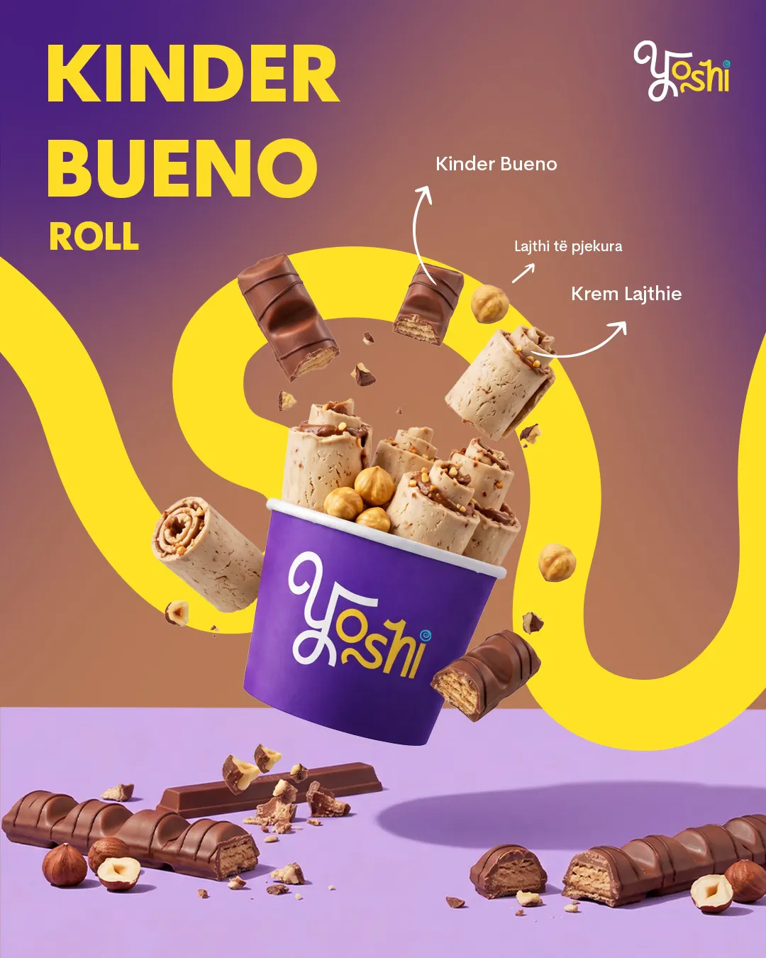 Kinder Bueno roll dessert at Yoshi on Myslym Shyri, Tirana