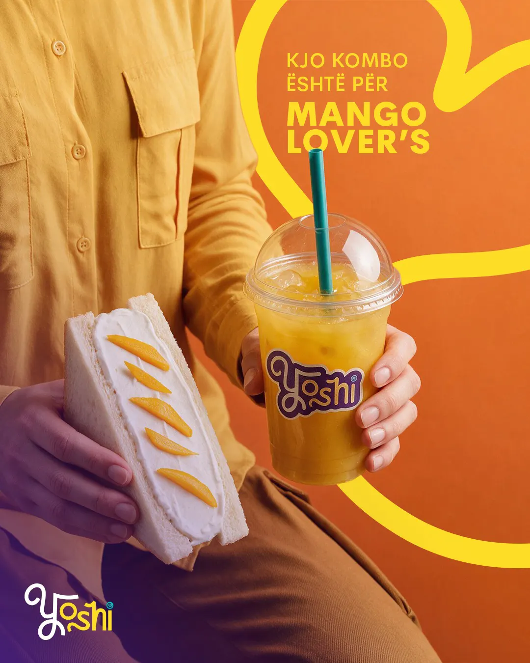 Mango dessert and drink combo at Yoshi on Myslym Shyri, Tirana