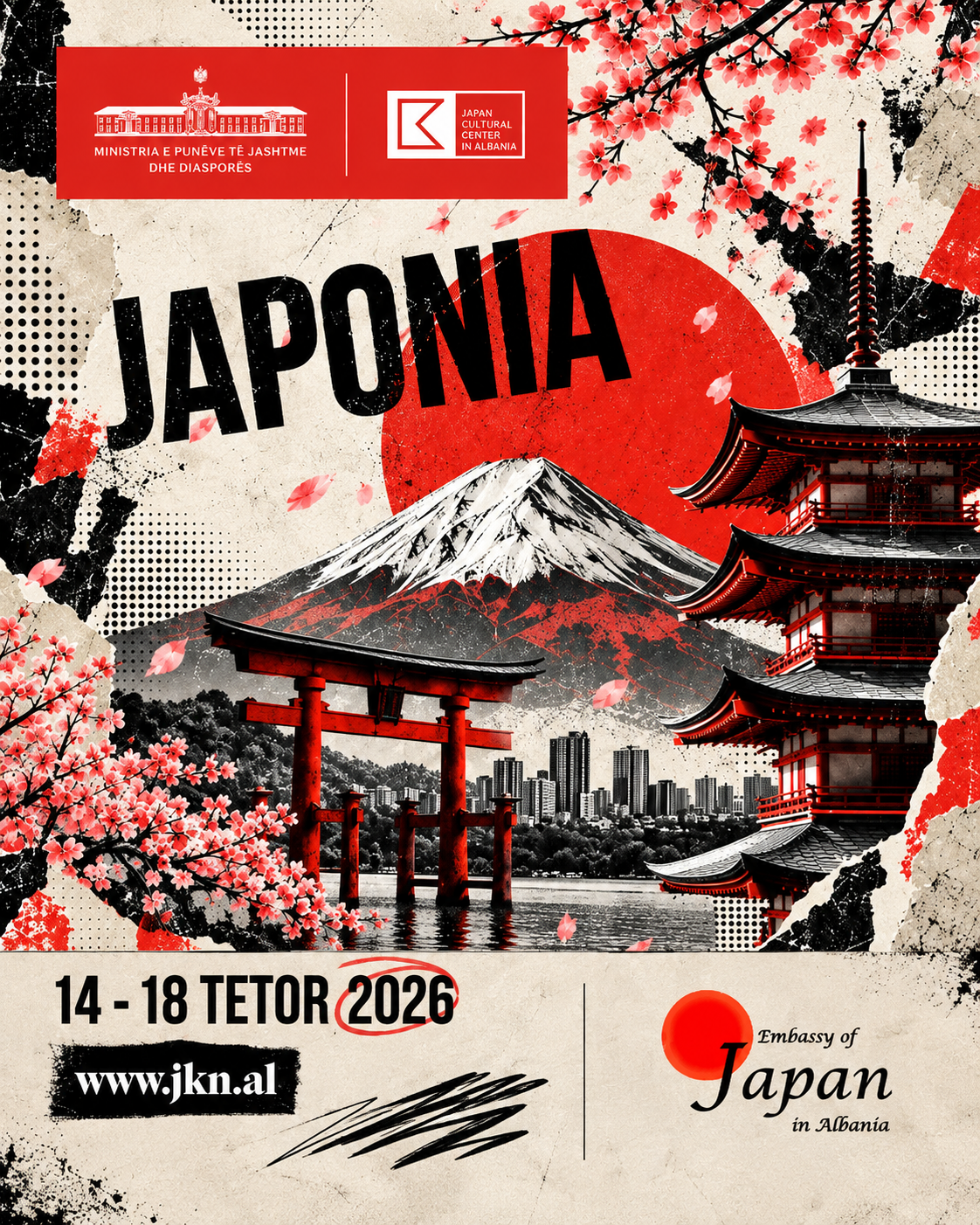 Japan Cultural Week in Tirana, October 14–18, 2026, featuring Japanese culture, Mount Fuji, cherry blossoms and traditional architecture.