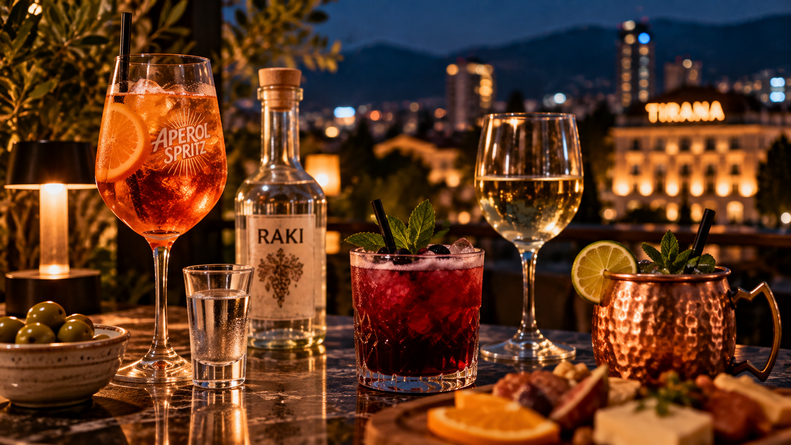 Traditional Albanian raki, wine and colorful cocktails served on a rooftop bar table overlooking Tirana at night.