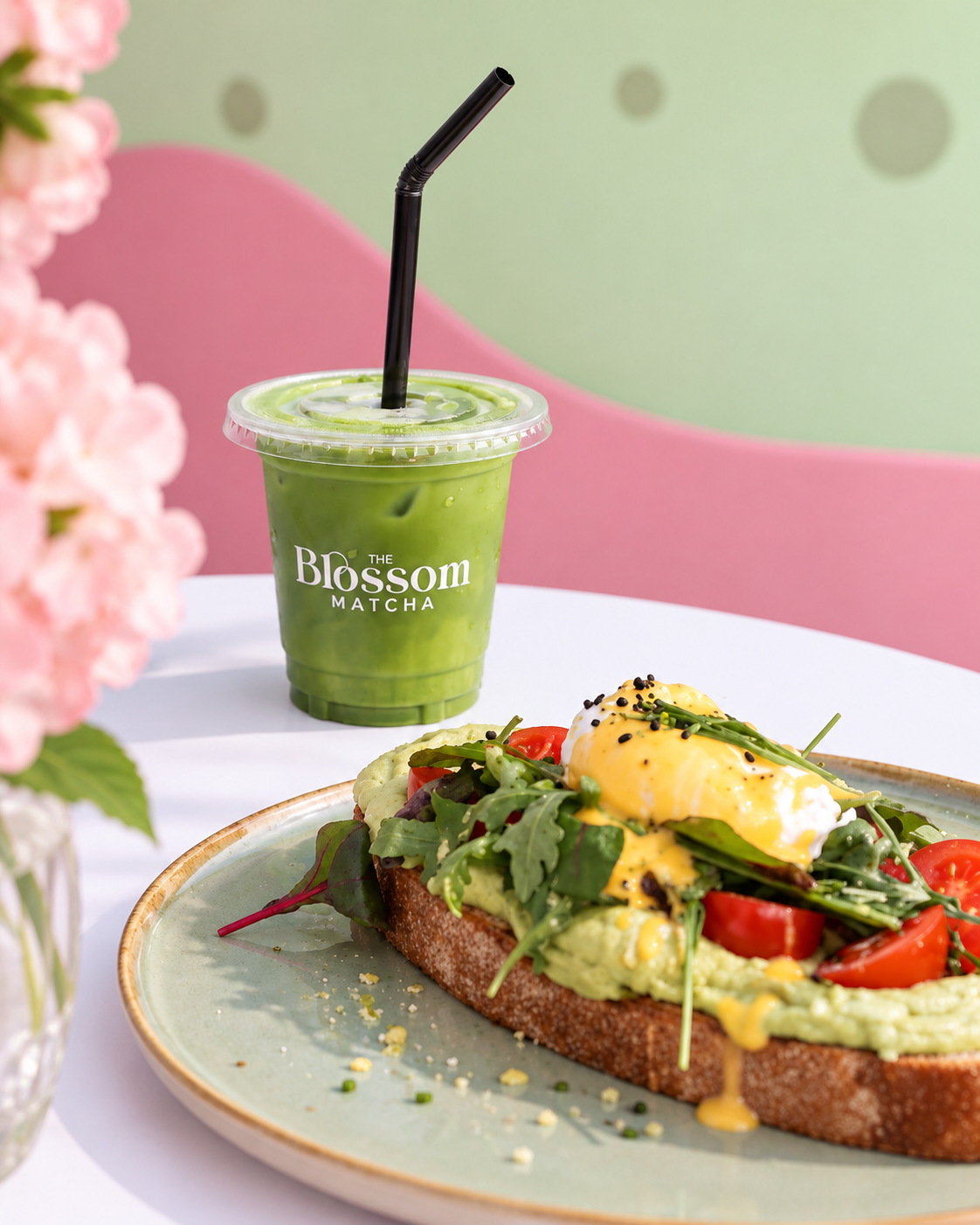 Avocado toast topped with poached eggs and fresh vegetables, served with an iced matcha latte at Blossom Matcha in Tirana.